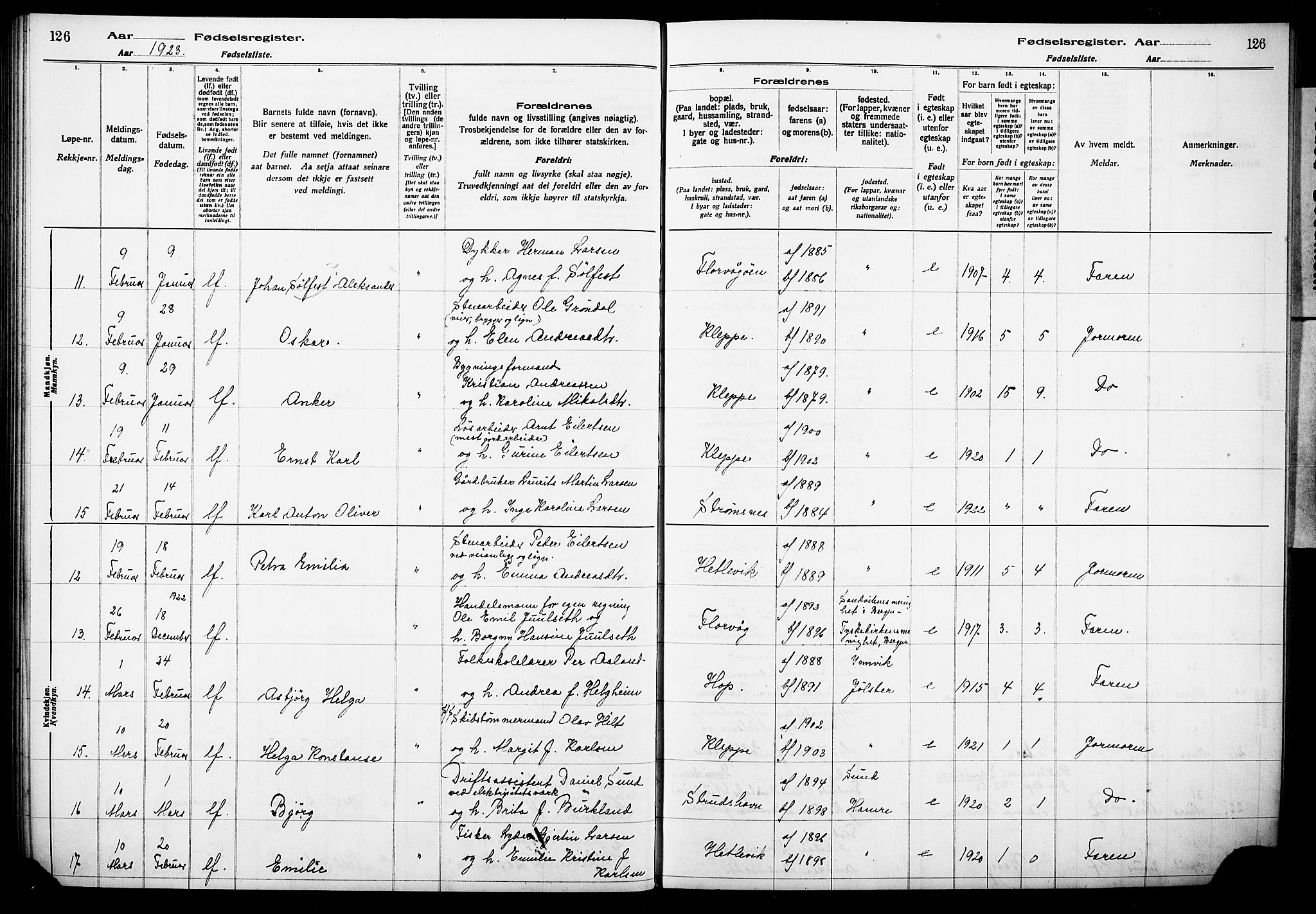 Askøy Sokneprestembete, SAB/A-74101/I/Id/L00A1: Birth register no. A 1, 1916-1928, p. 126