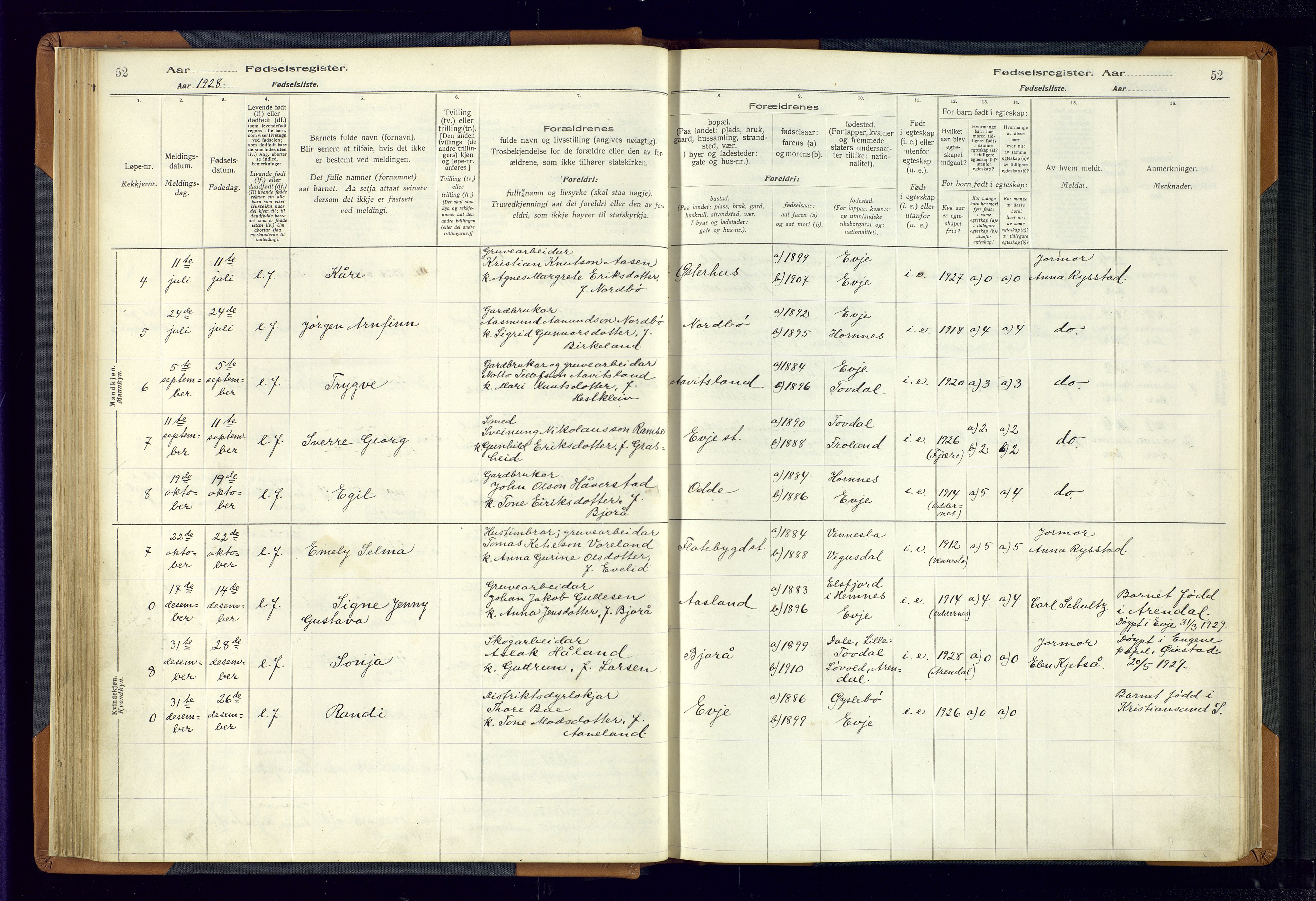 Evje sokneprestkontor, AV/SAK-1111-0008/J/Jc/L0004: Birth register no. 4, 1916-1968, p. 52