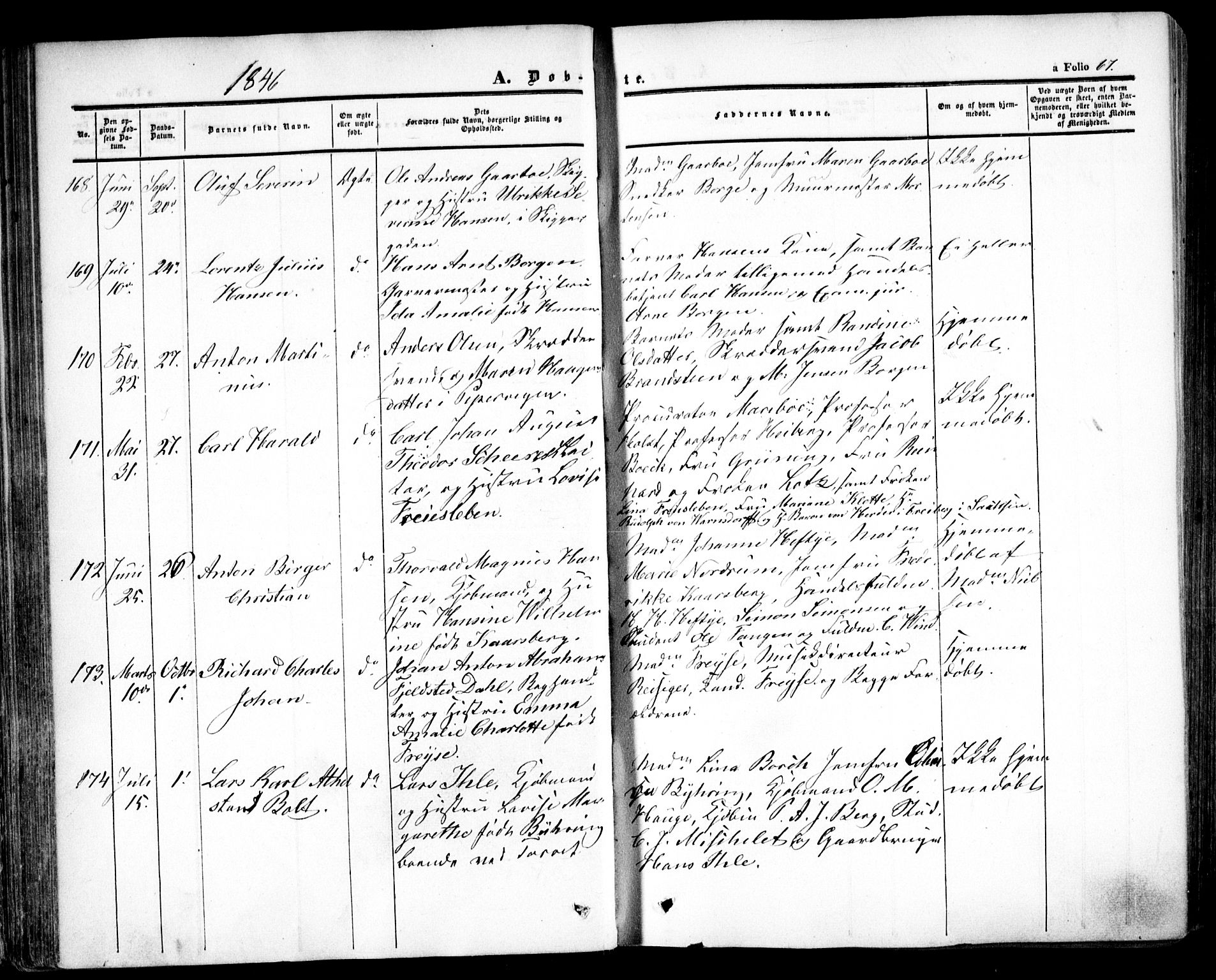 Oslo domkirke Kirkebøker, SAO/A-10752/F/Fa/L0013: Parish register (official) no. 13, 1844-1864, p. 67