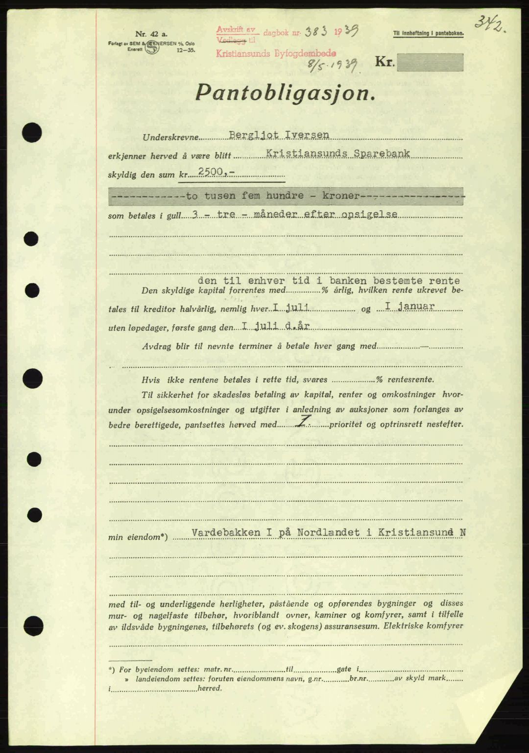 Kristiansund byfogd, SAT/A-4587/A/27: Mortgage book no. 31, 1938-1939, Diary no: : 383/1939