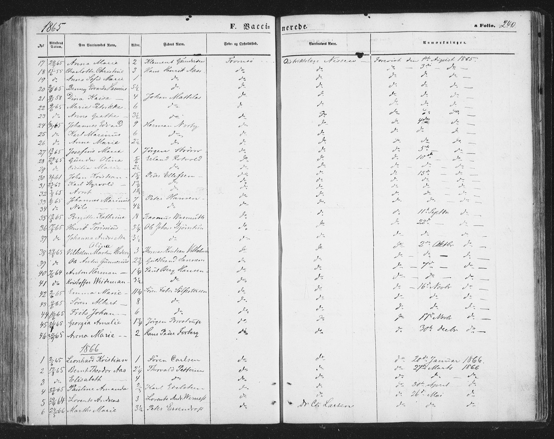 Tromsø sokneprestkontor/stiftsprosti/domprosti, SATØ/S-1343/G/Ga/L0012kirke: Parish register (official) no. 12, 1865-1871, p. 240