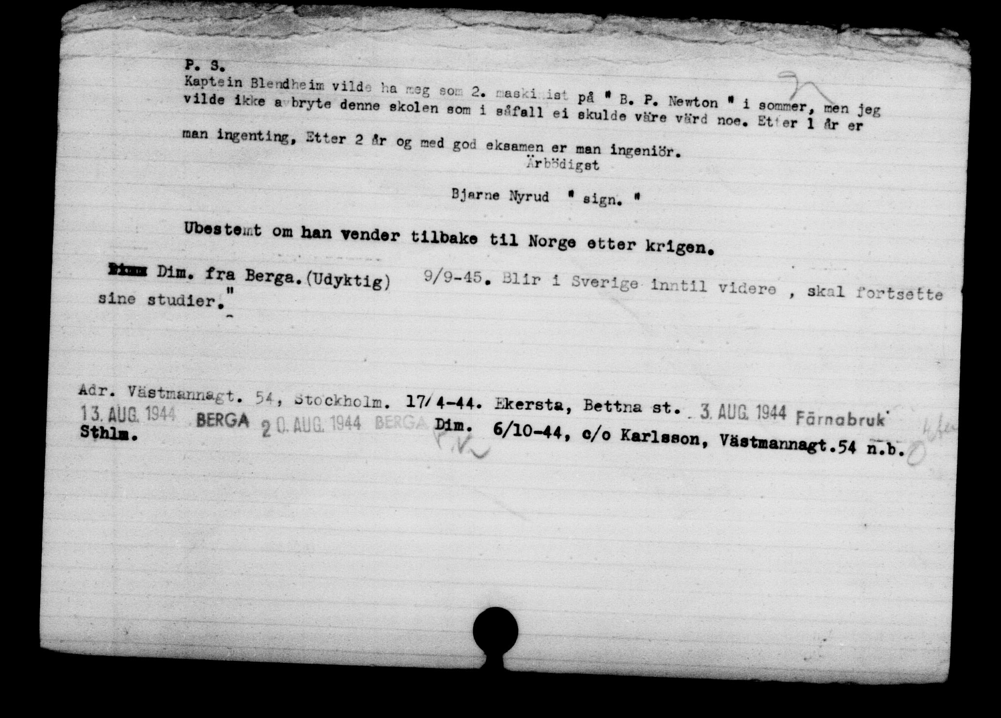 Utenriksstasjonene, Legasjonen i Stockholm, Flyktningkontoret, AV/RA-S-6753/V/Va/L0003: Kjesäterkartoteket, flyktninger med registreringsnr. 2001-3495, 1940-1945, p. 1014