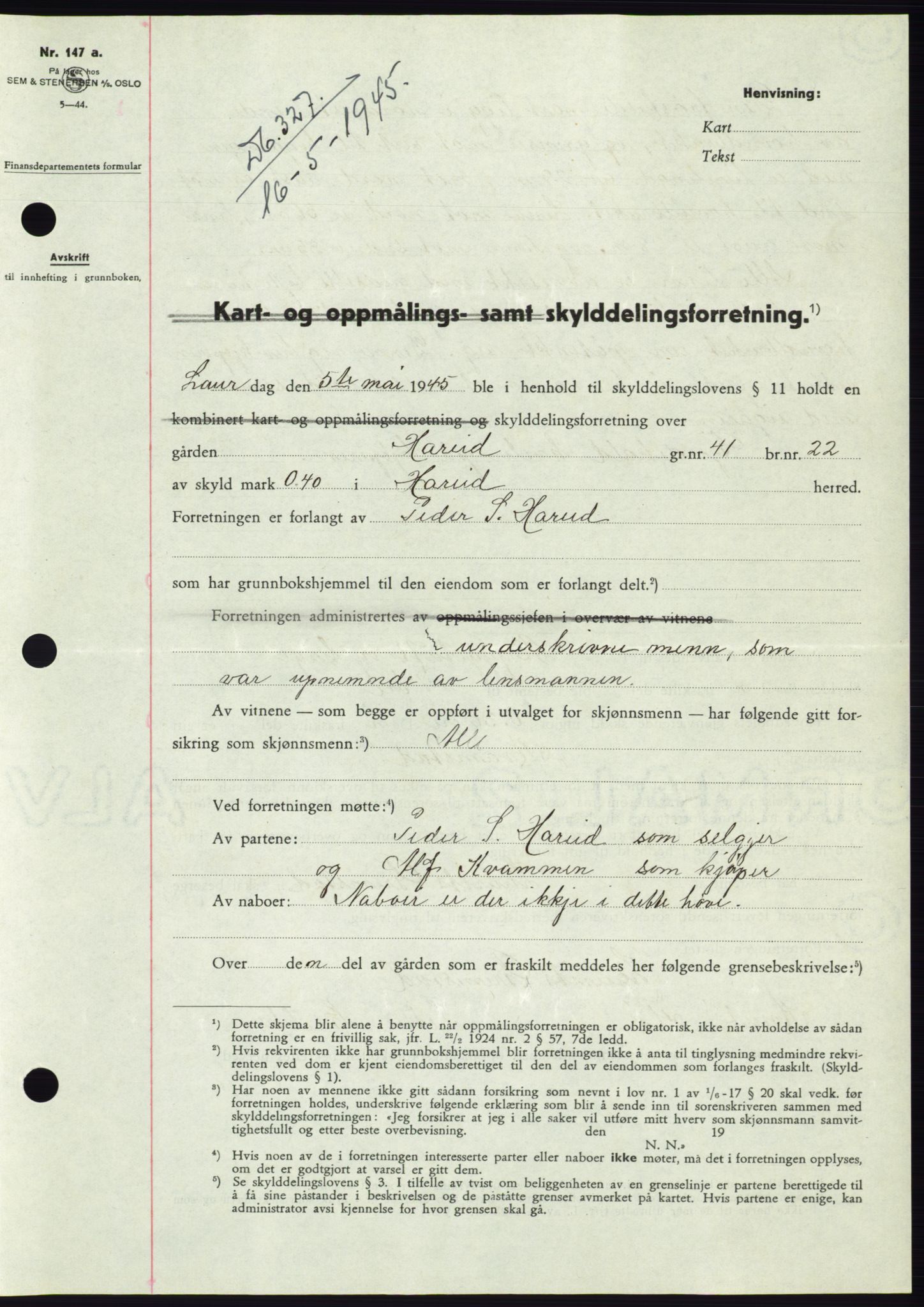 Søre Sunnmøre sorenskriveri, AV/SAT-A-4122/1/2/2C/L0077: Mortgage book no. 3A, 1945-1946, Diary no: : 327/1945