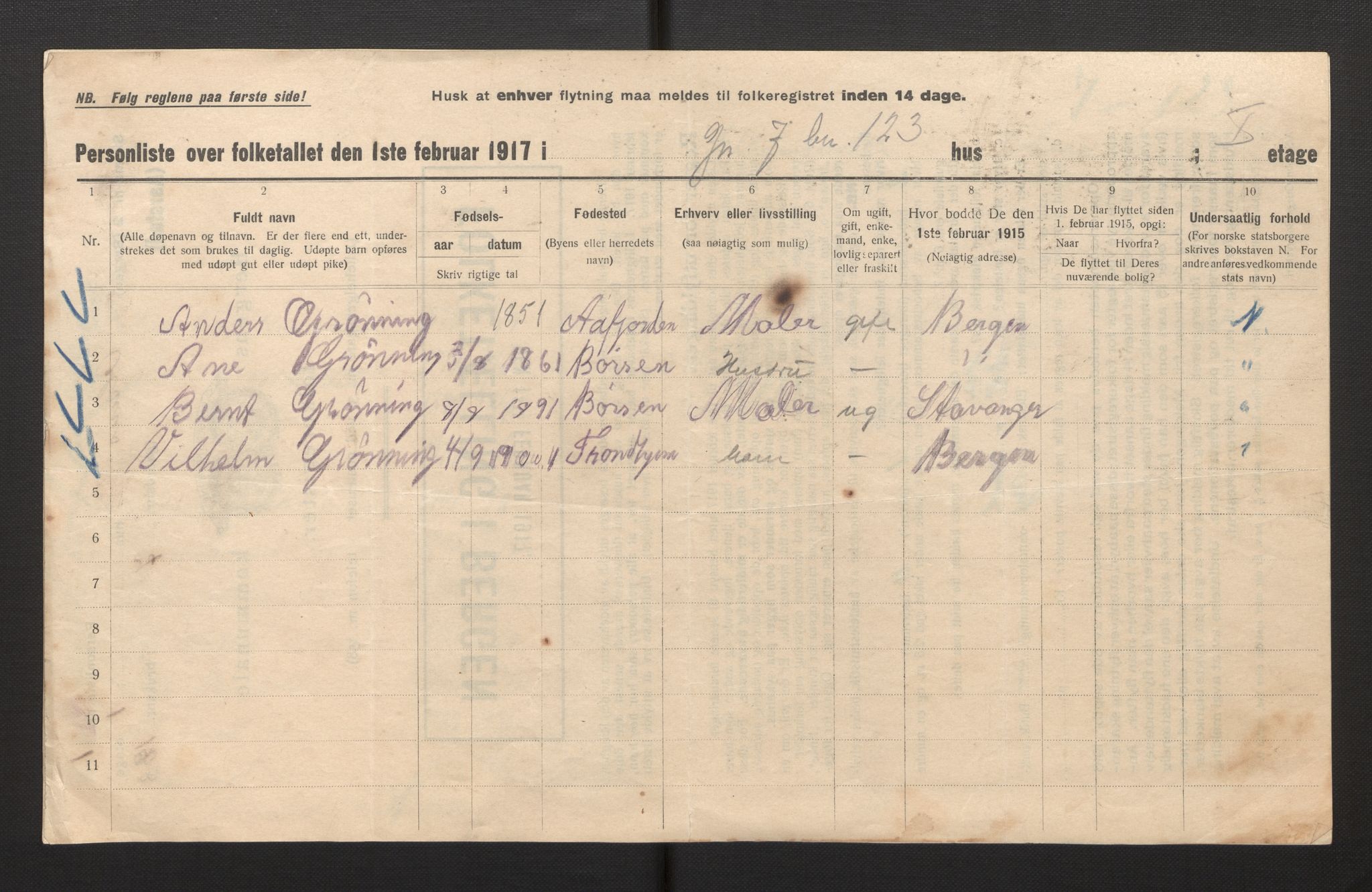 SAB, Municipal Census 1917 for Bergen, 1917, p. 49106