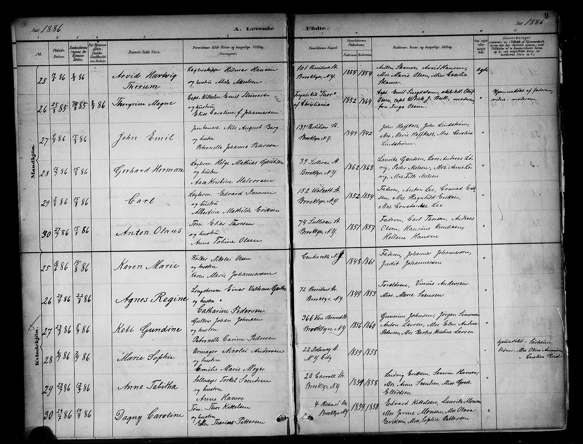 Den norske sjømannsmisjon i utlandet/New York, SAB/SAB/PA-0110/H/Ha/L0002: Parish register (official) no. A 2, 1886-1888, p. 9