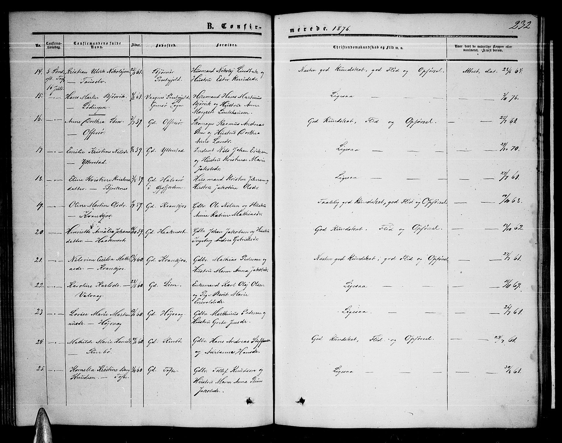 Ministerialprotokoller, klokkerbøker og fødselsregistre - Nordland, AV/SAT-A-1459/872/L1046: Parish register (copy) no. 872C02, 1852-1879, p. 232