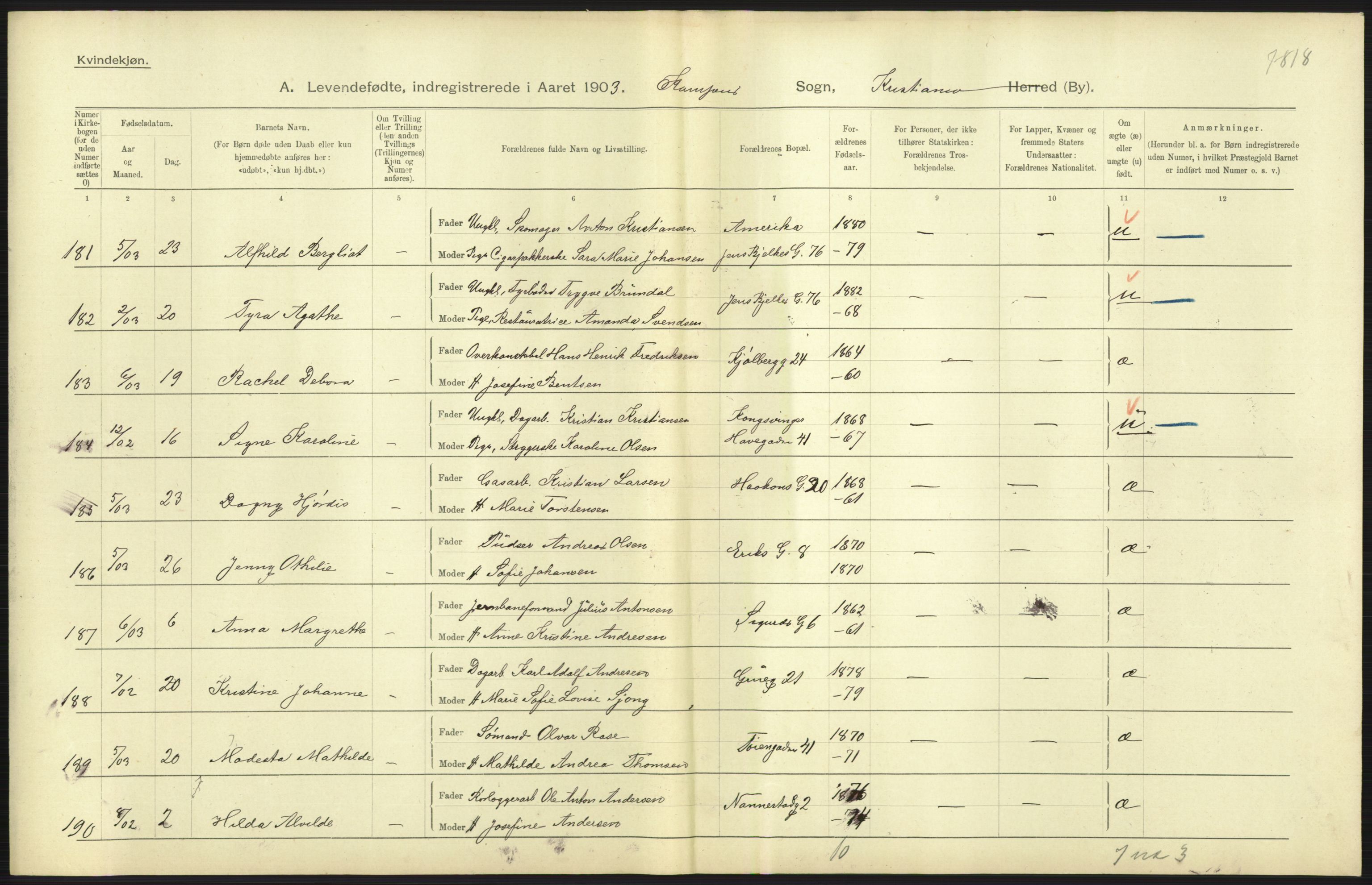 Statistisk sentralbyrå, Sosiodemografiske emner, Befolkning, AV/RA-S-2228/D/Df/Dfa/Dfaa/L0003: Kristiania: Fødte, 1903, p. 173