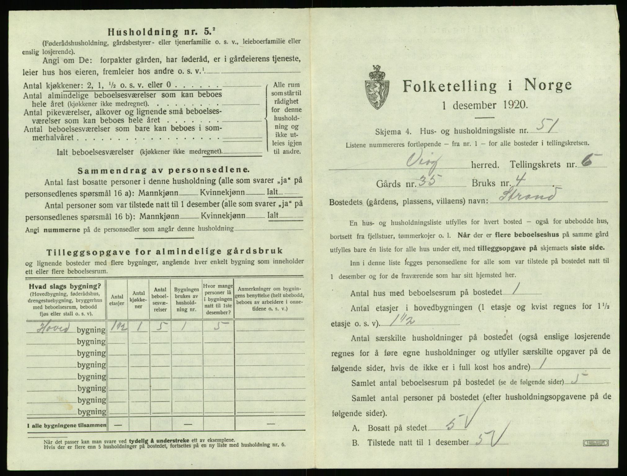 SAT, 1920 census for Veøy, 1920, p. 447