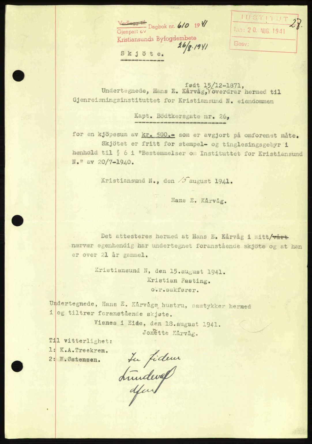 Kristiansund byfogd, AV/SAT-A-4587/A/27: Mortgage book no. 34, 1941-1945, Diary no: : 610/1941