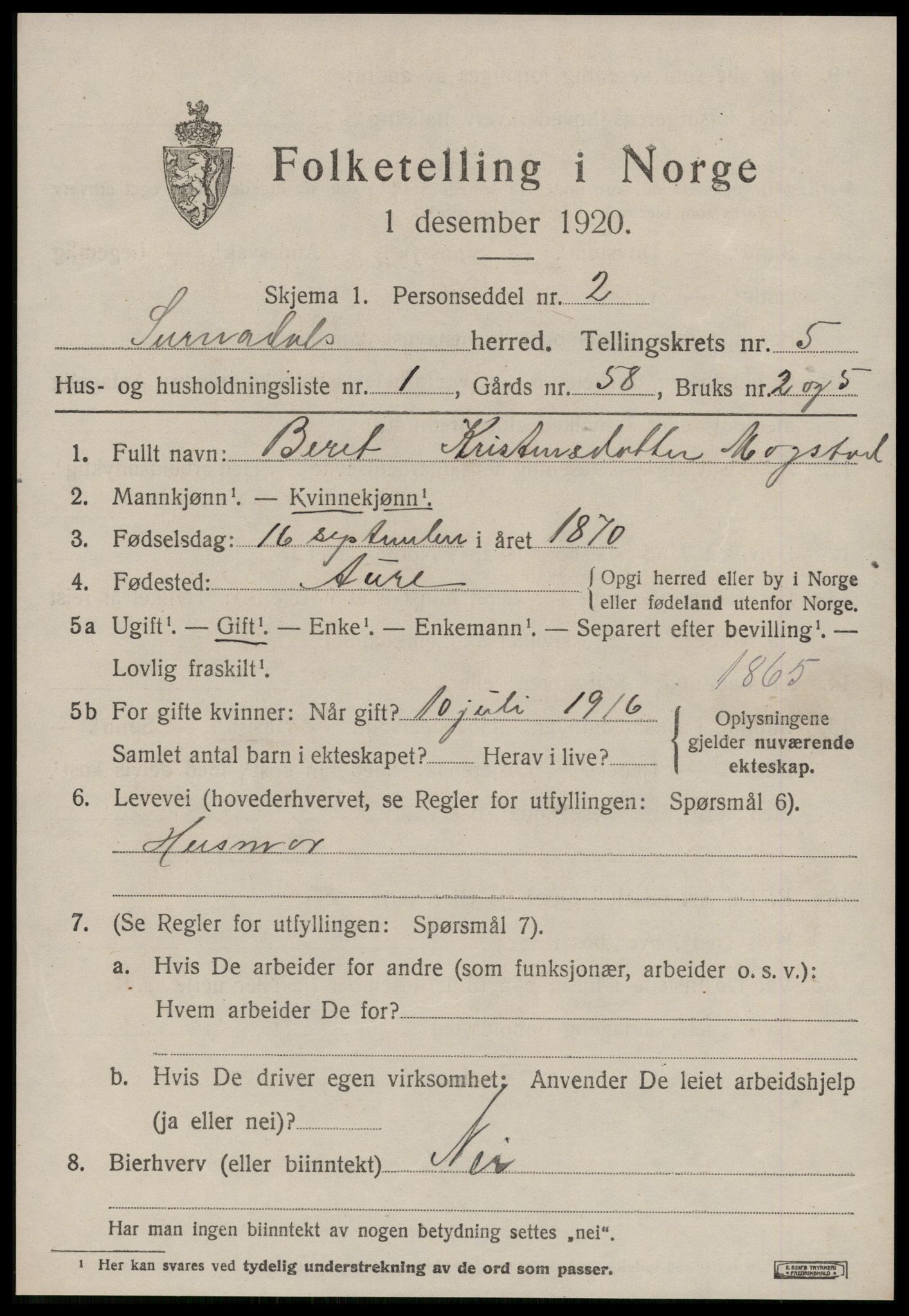 SAT, 1920 census for Surnadal, 1920, p. 3805