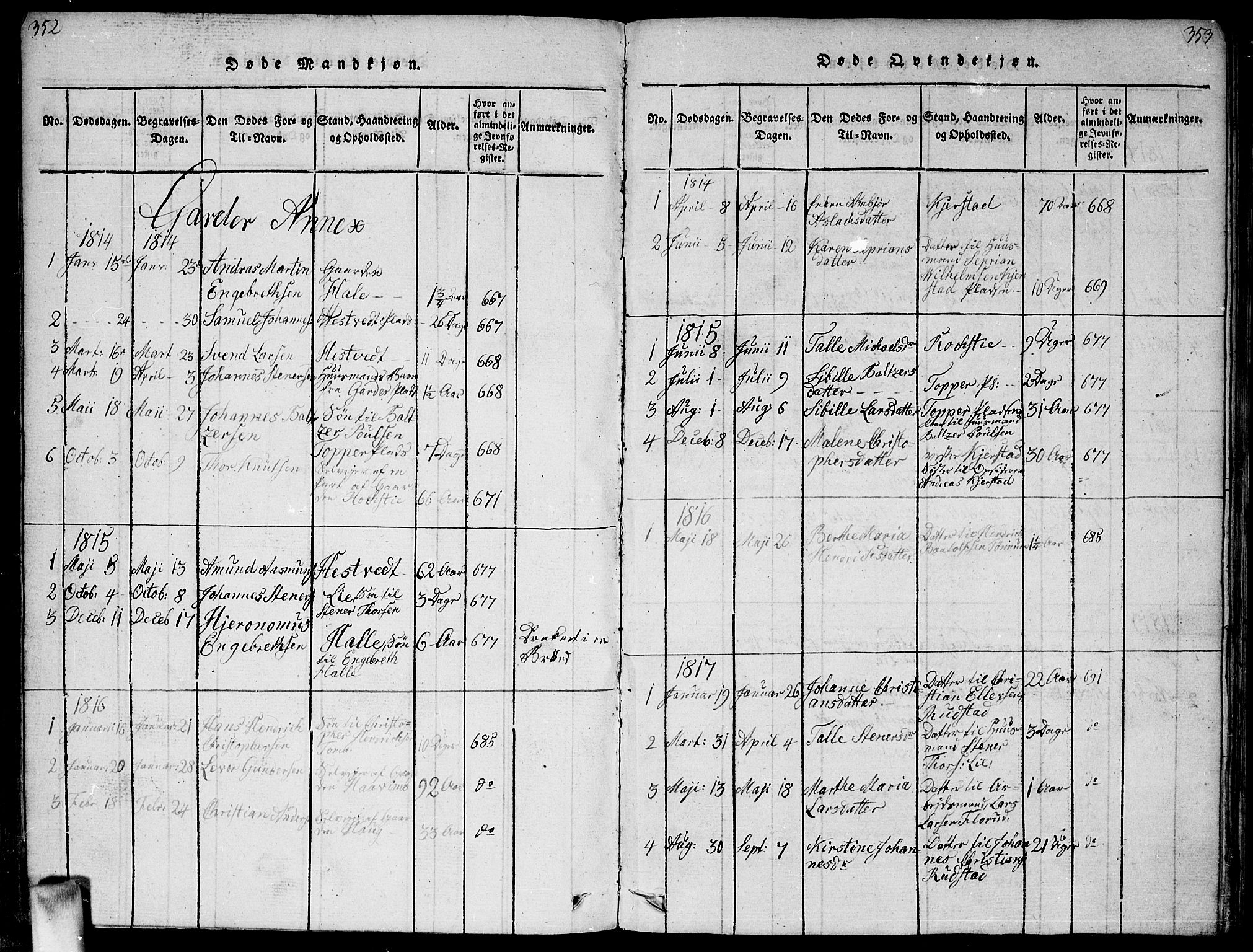 Vestby prestekontor Kirkebøker, AV/SAO-A-10893/F/Fa/L0005: Parish register (official) no. I 5, 1814-1827, p. 352-353