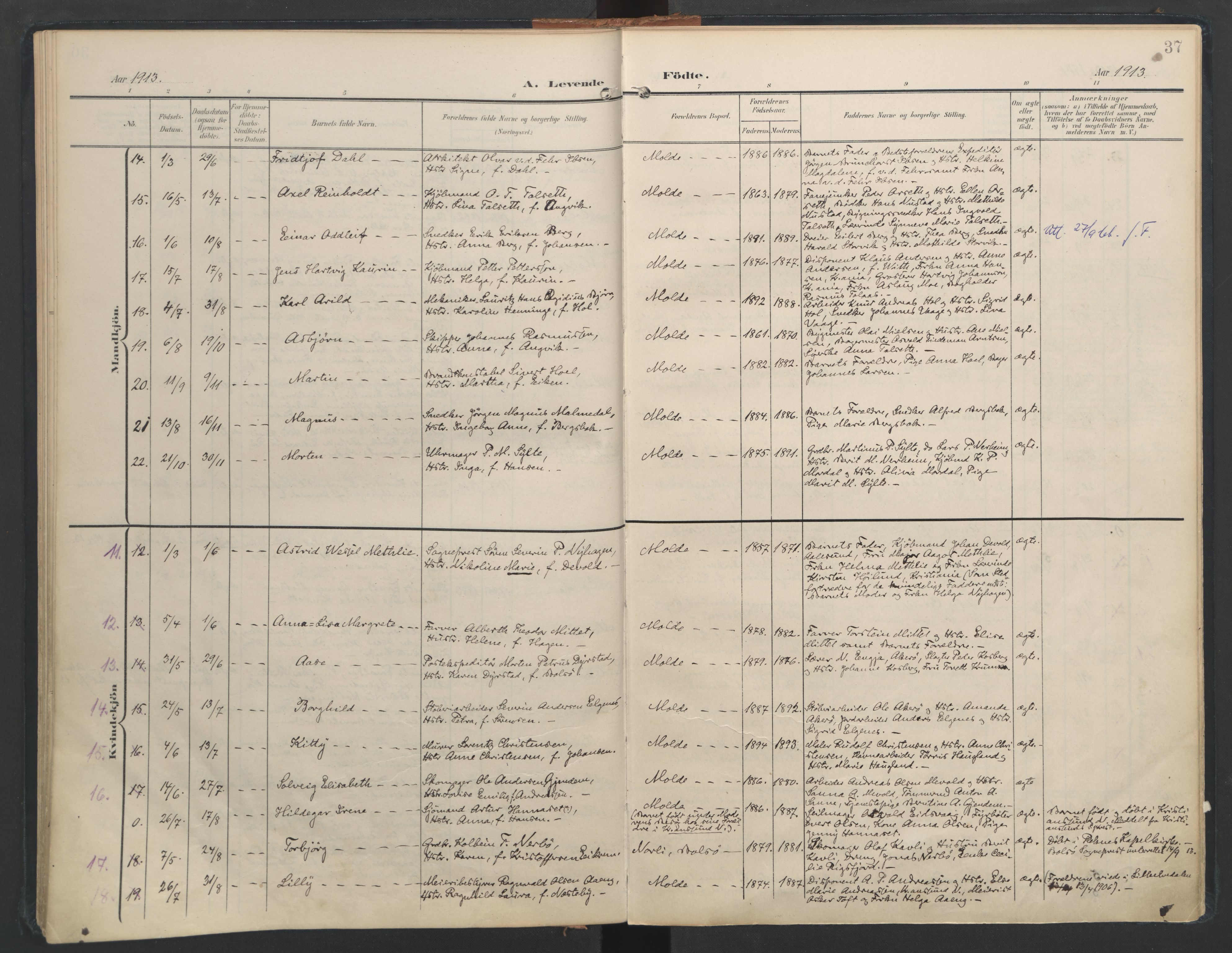 Ministerialprotokoller, klokkerbøker og fødselsregistre - Møre og Romsdal, SAT/A-1454/558/L0693: Parish register (official) no. 558A07, 1903-1917, p. 37
