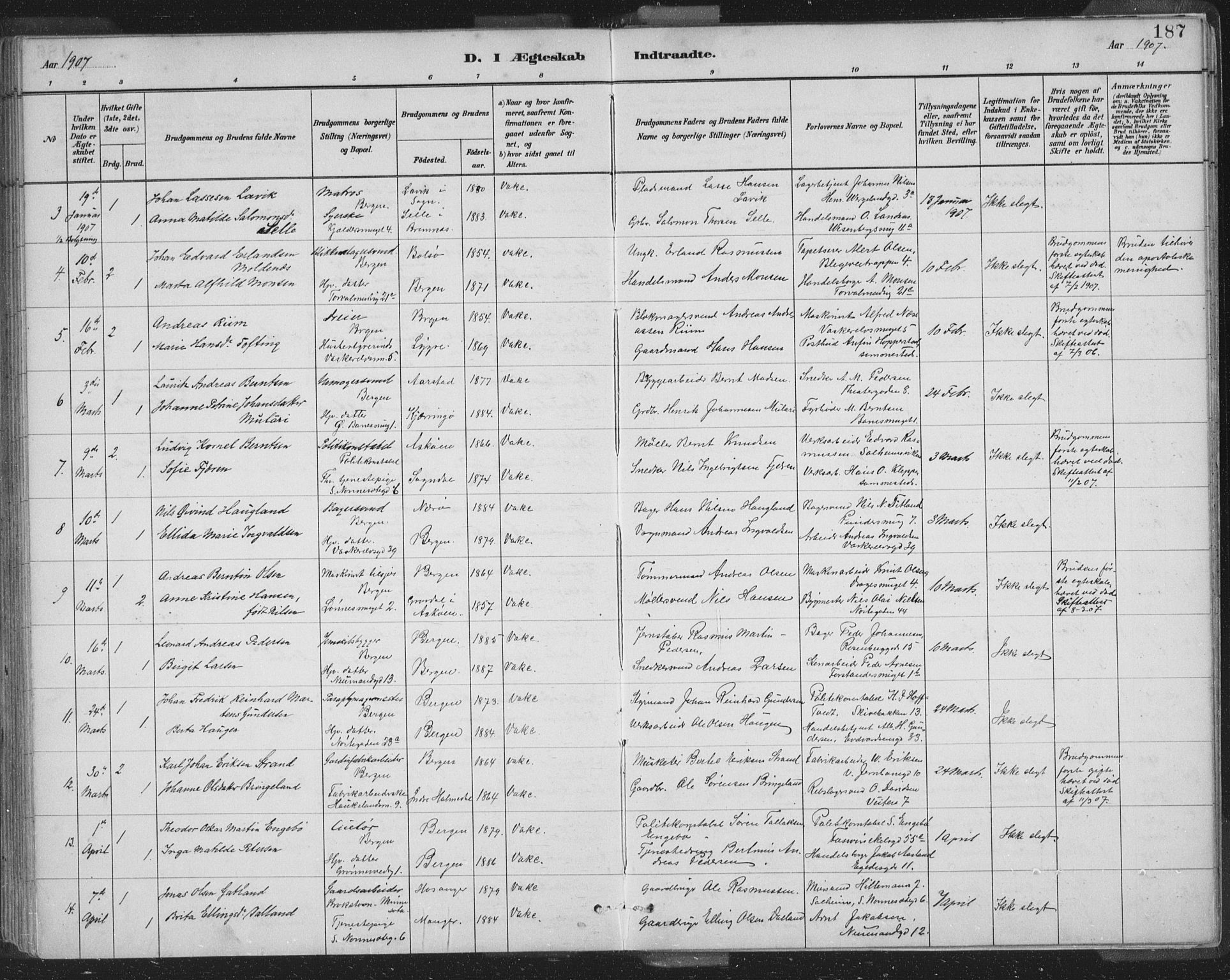 Domkirken sokneprestembete, SAB/A-74801/H/Hab/L0032: Parish register (copy) no. D 4, 1880-1907, p. 187