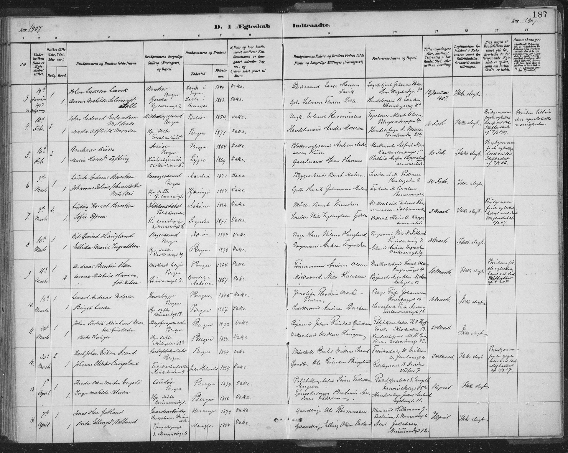 Domkirken sokneprestembete, AV/SAB-A-74801/H/Hab/L0032: Parish register (copy) no. D 4, 1880-1907, p. 187