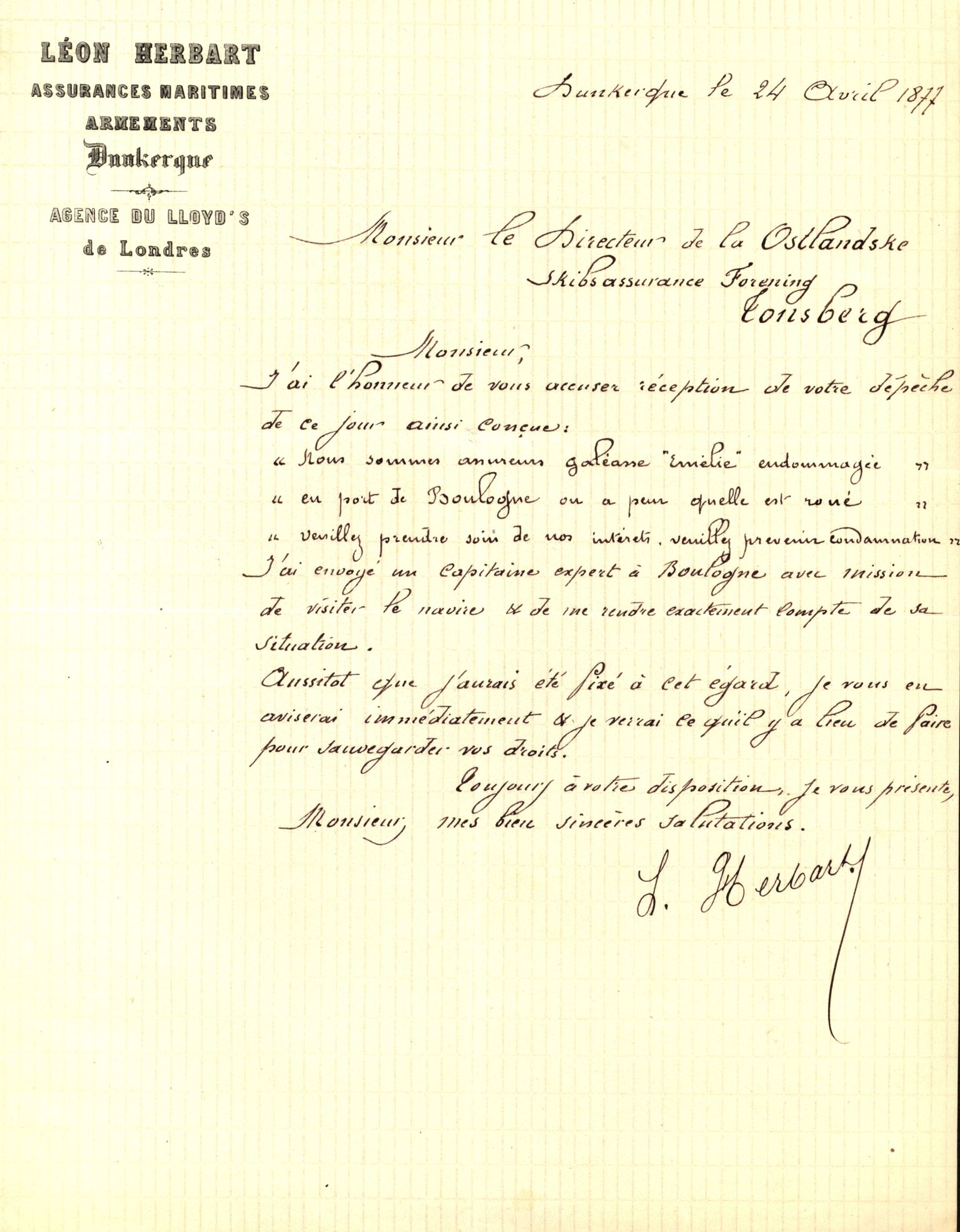 Pa 63 - Østlandske skibsassuranceforening, VEMU/A-1079/G/Ga/L0009/0023: Havaridokumenter / Emilie, 1877
