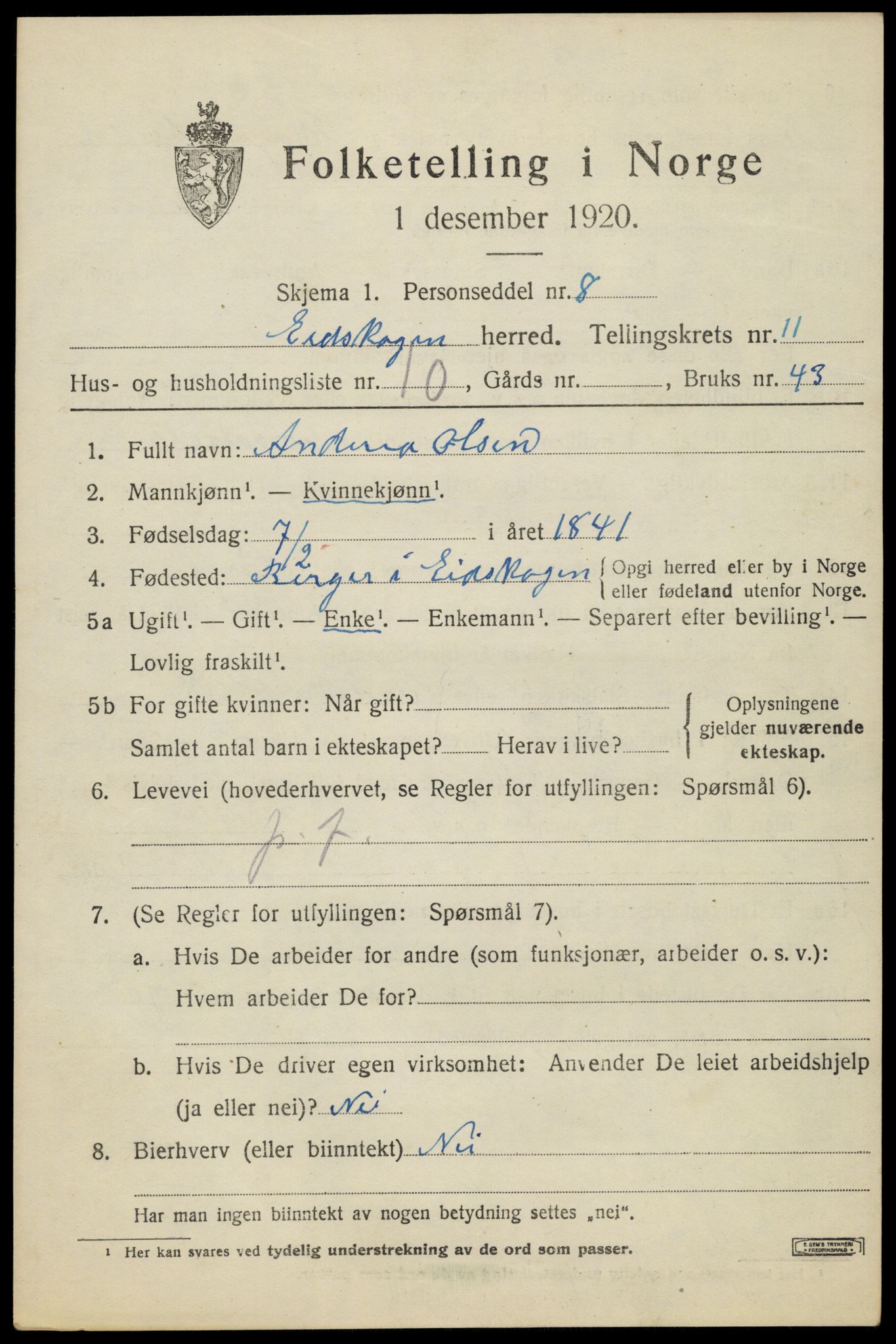 SAH, 1920 census for Eidskog, 1920, p. 11703