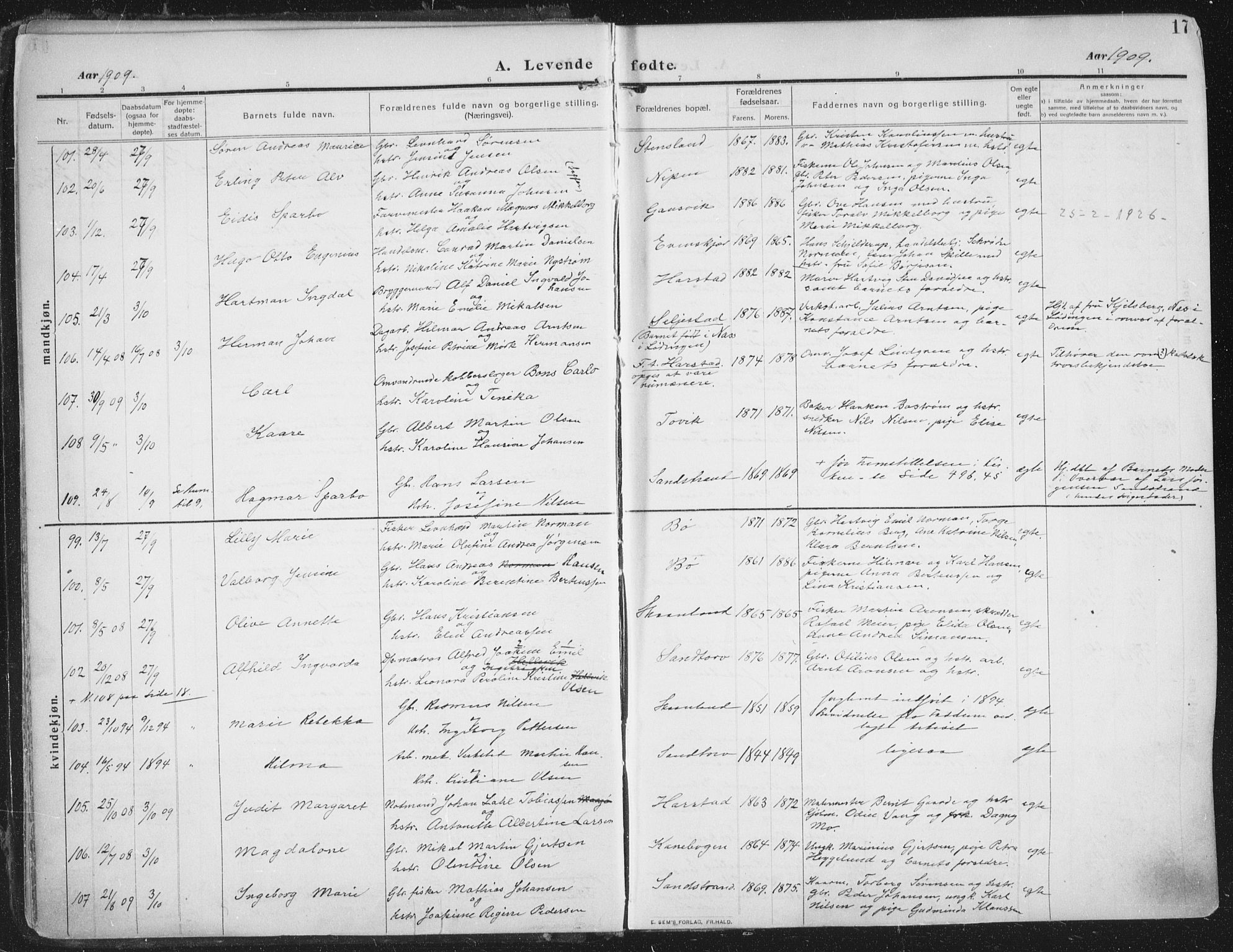 Trondenes sokneprestkontor, AV/SATØ-S-1319/H/Ha/L0018kirke: Parish register (official) no. 18, 1909-1918, p. 17
