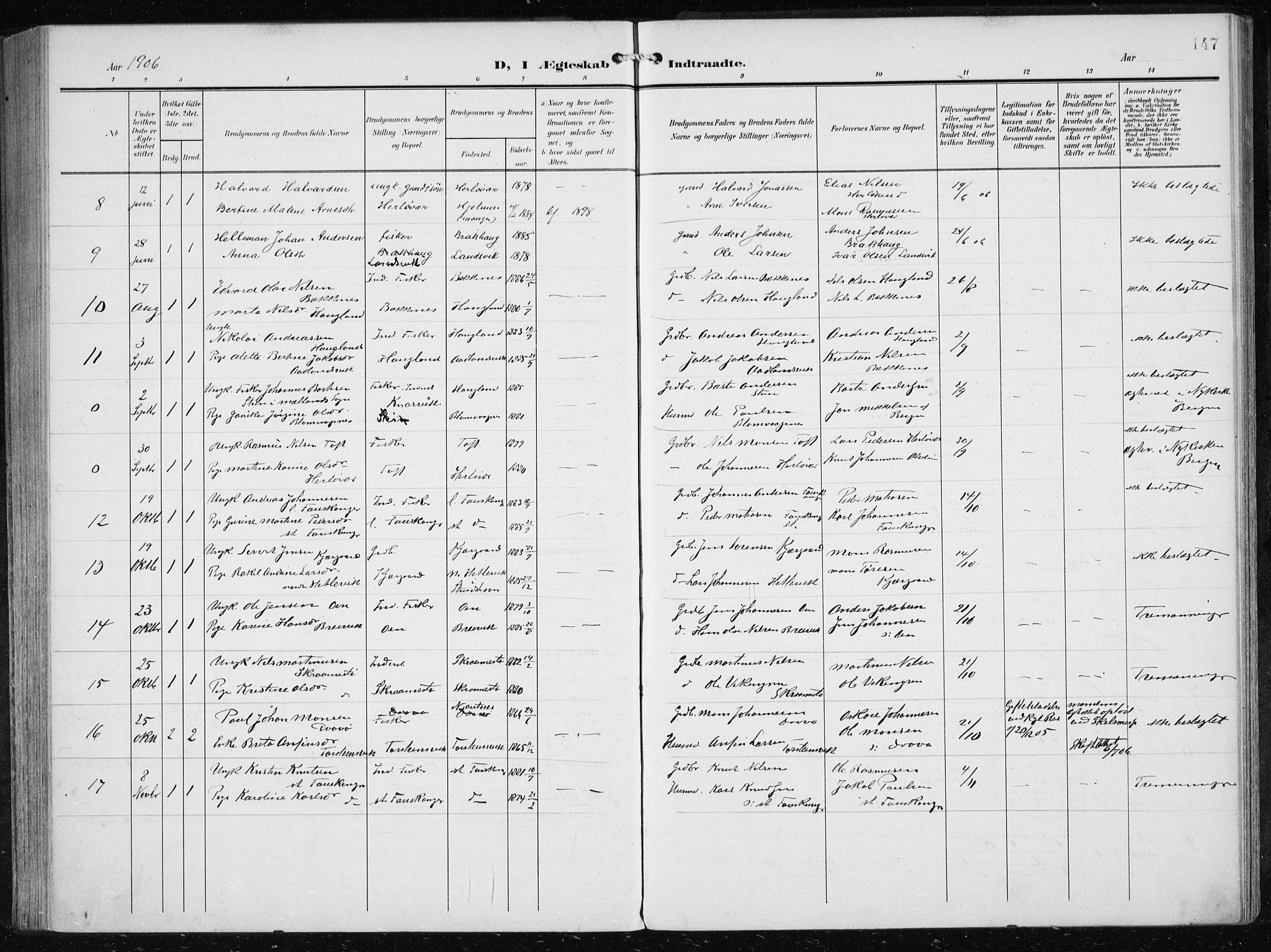 Herdla Sokneprestembete, SAB/A-75701/H/Haa: Parish register (official) no. A 5, 1905-1918, p. 147