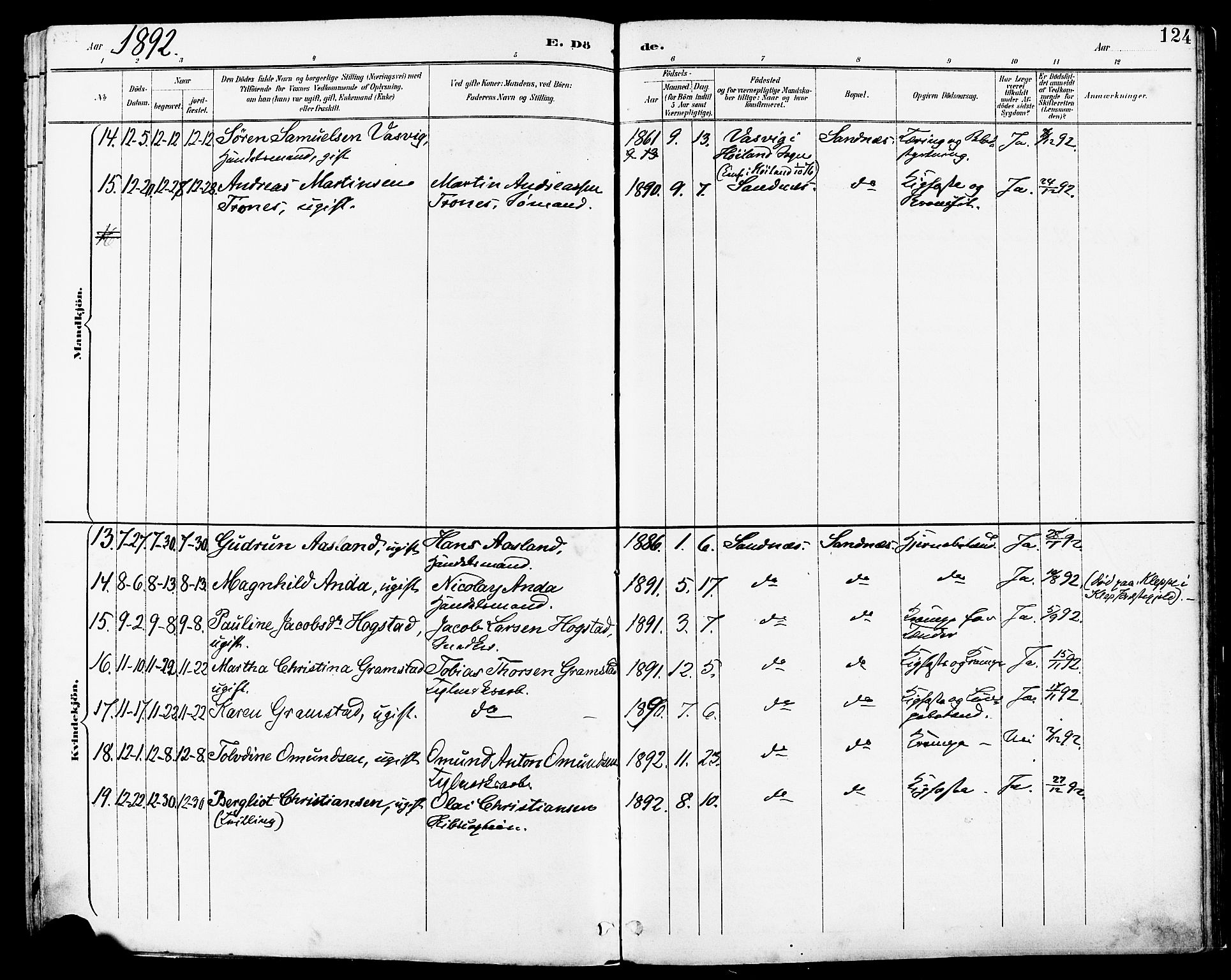 Høyland sokneprestkontor, SAST/A-101799/001/30BA/L0014: Parish register (official) no. A 12, 1890-1898, p. 124