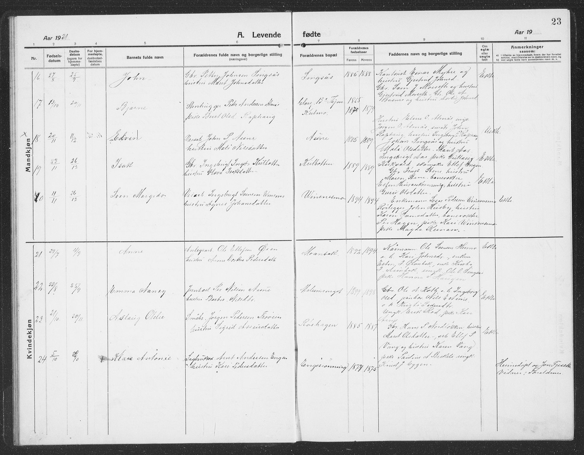 Ministerialprotokoller, klokkerbøker og fødselsregistre - Sør-Trøndelag, AV/SAT-A-1456/688/L1030: Parish register (copy) no. 688C05, 1916-1939, p. 23