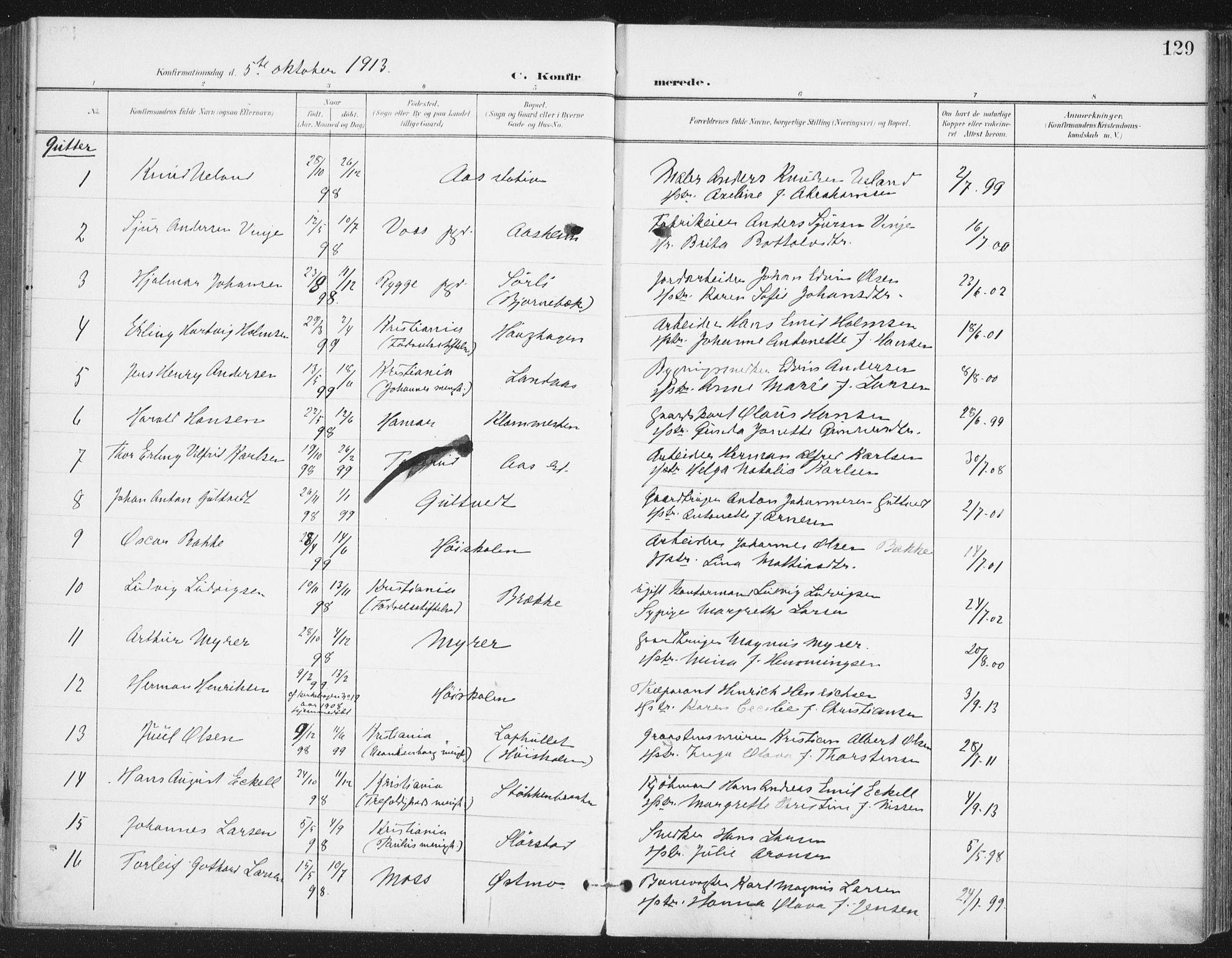 Ås prestekontor Kirkebøker, SAO/A-10894/F/Fa/L0010: Parish register (official) no. I 10, 1900-1918, p. 129