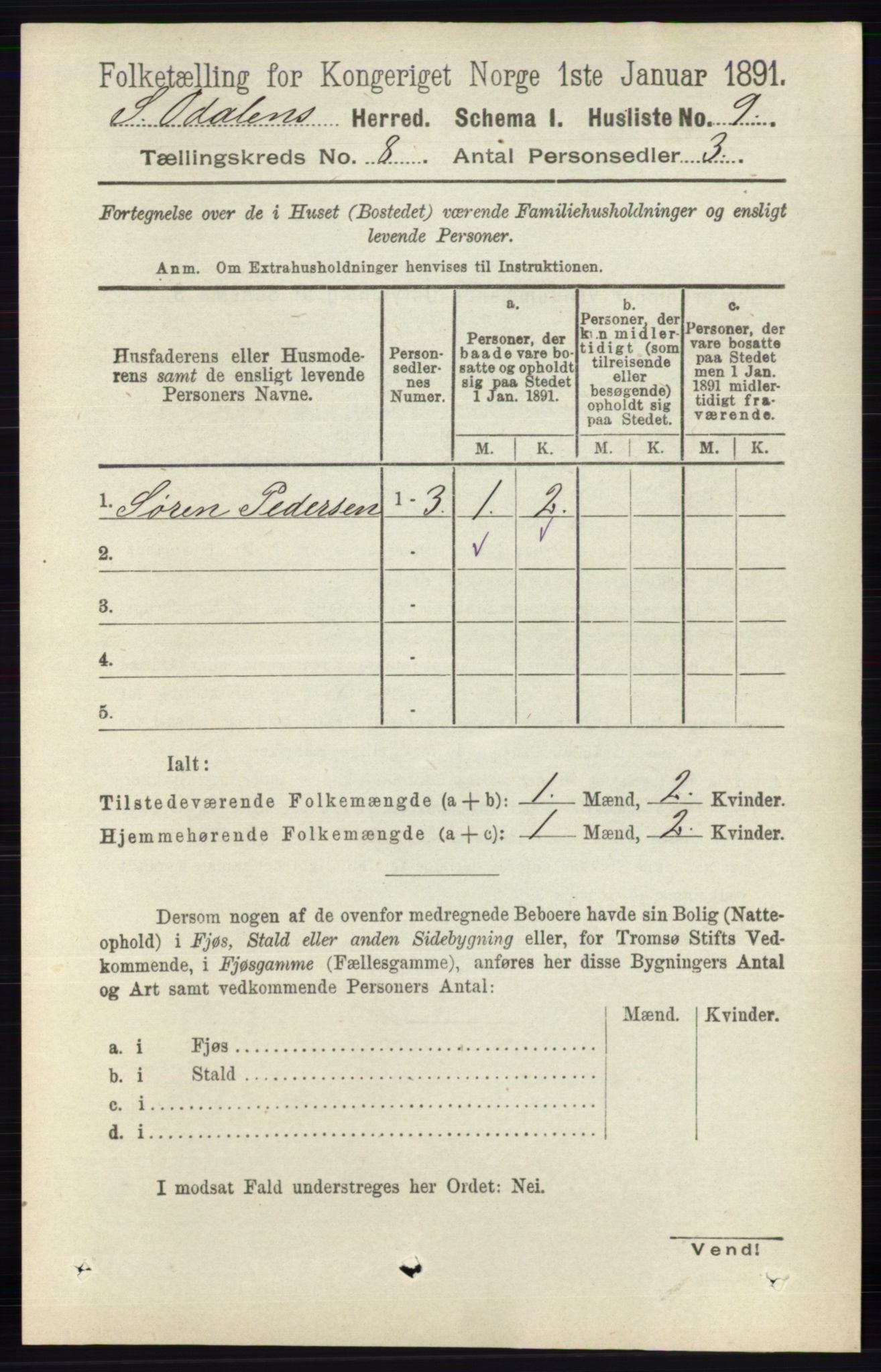 RA, 1891 census for 0419 Sør-Odal, 1891, p. 3969