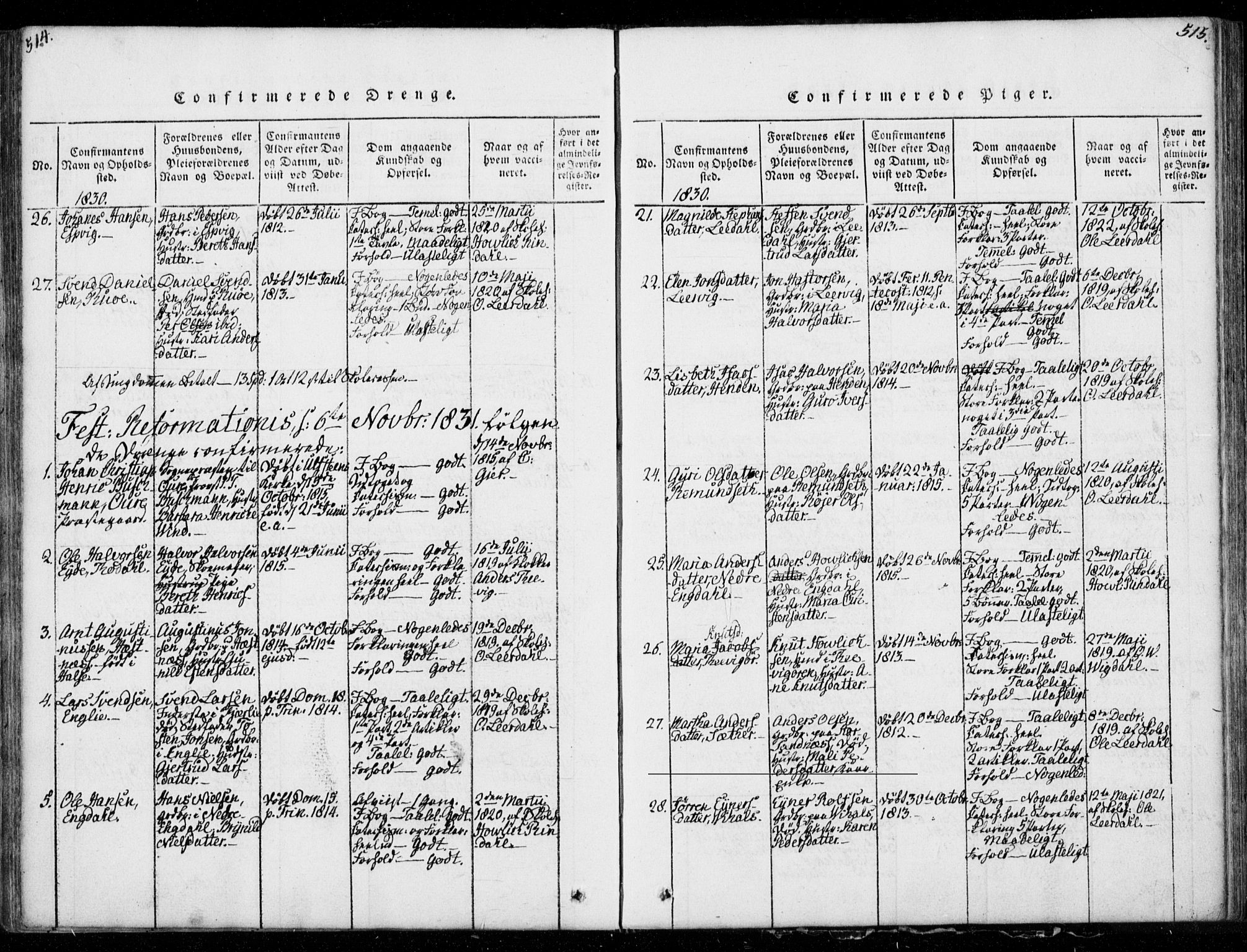 Ministerialprotokoller, klokkerbøker og fødselsregistre - Møre og Romsdal, AV/SAT-A-1454/578/L0903: Parish register (official) no. 578A02, 1819-1838, p. 514-515