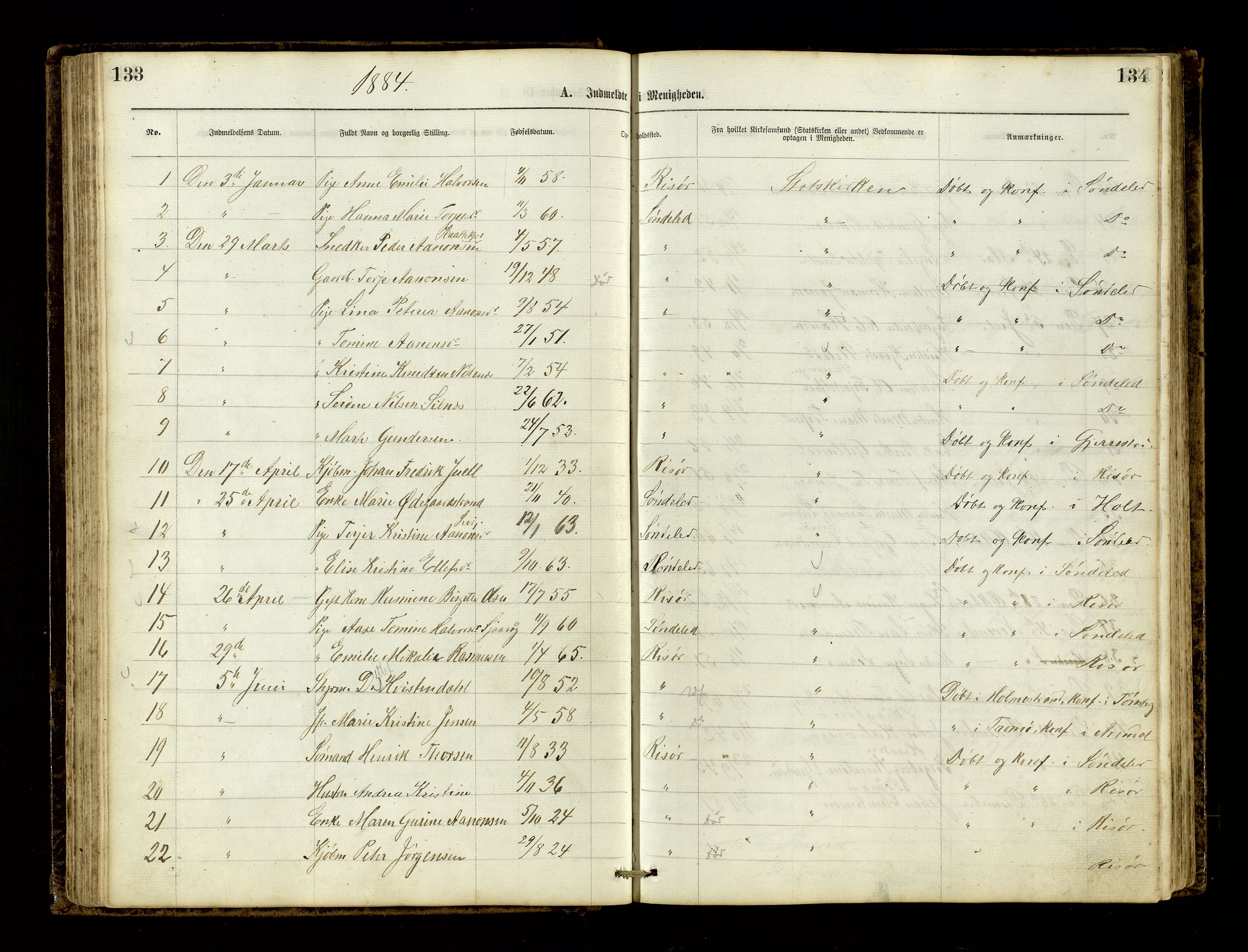 Den evangelisk-lutherske frimenighet, Risør, AV/SAK-1292-0007/F/Fa/L0001: Dissenter register no. F 17, 1877-1892, p. 133-134