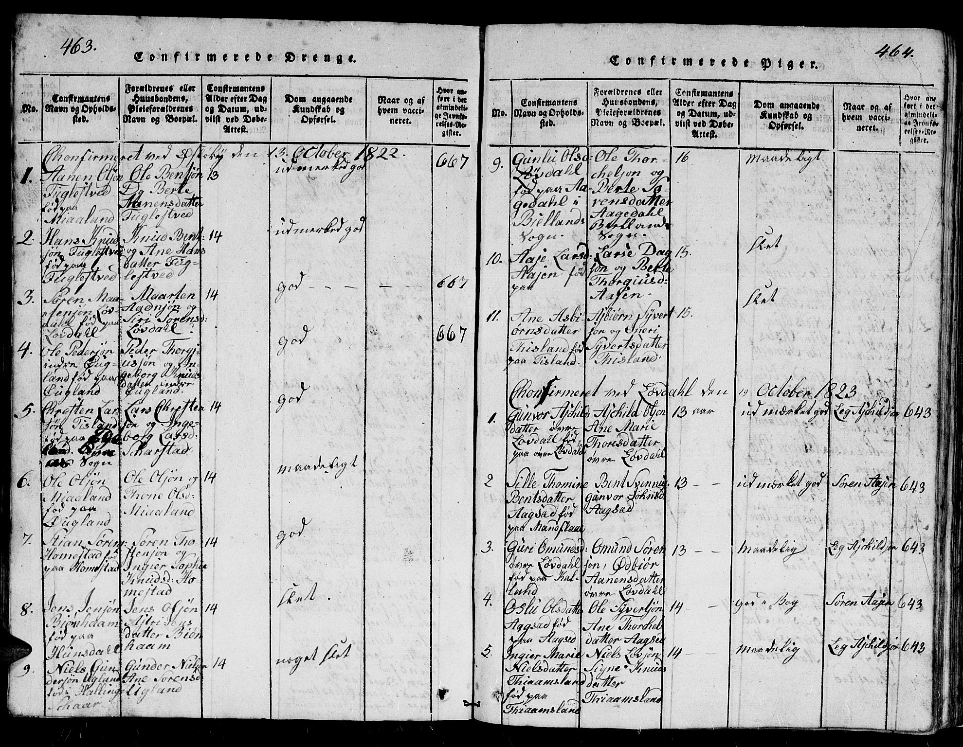 Holum sokneprestkontor, SAK/1111-0022/F/Fb/Fbb/L0001: Parish register (copy) no. B 1, 1820-1847, p. 463-464