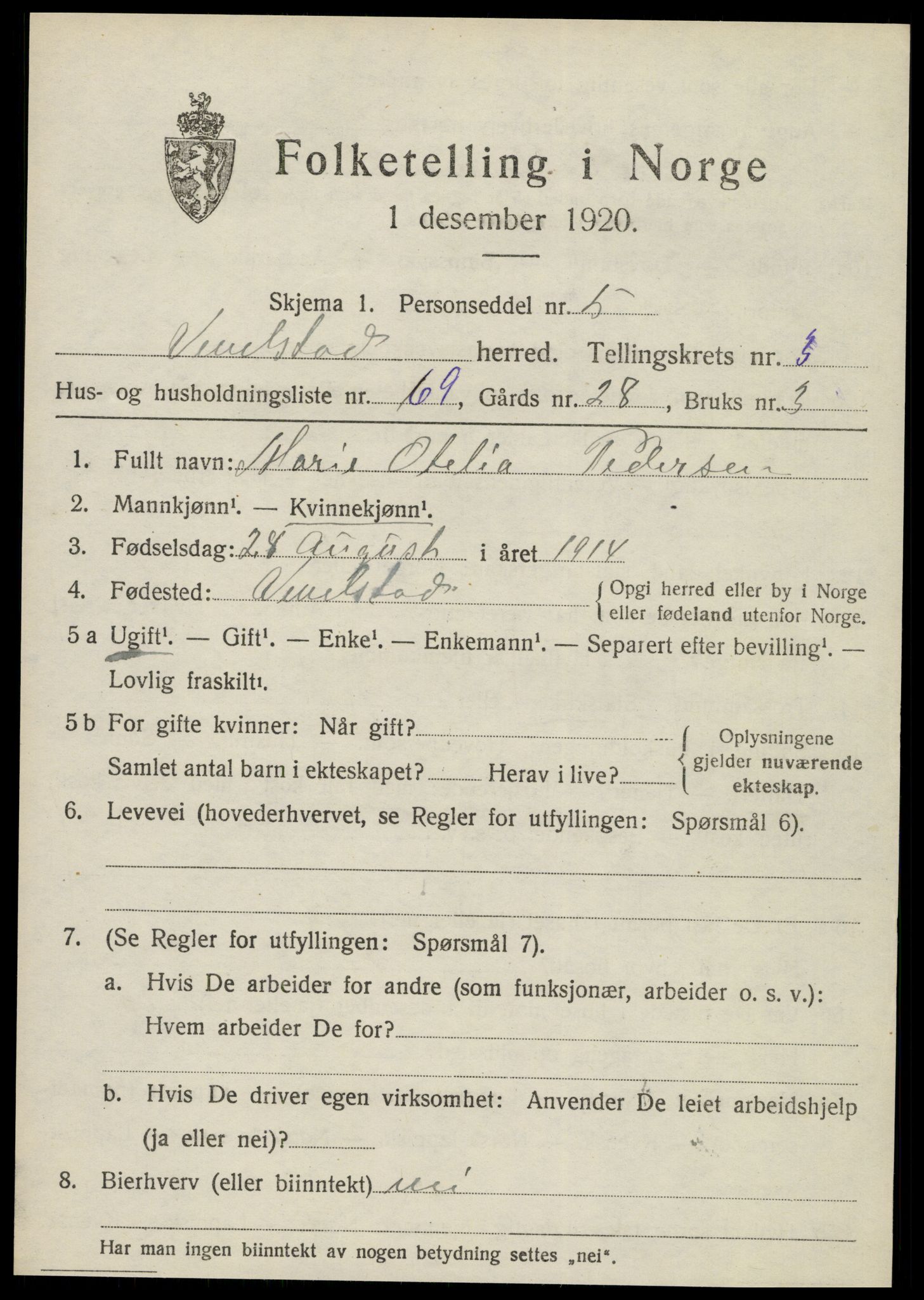 SAT, 1920 census for Vevelstad, 1920, p. 2618