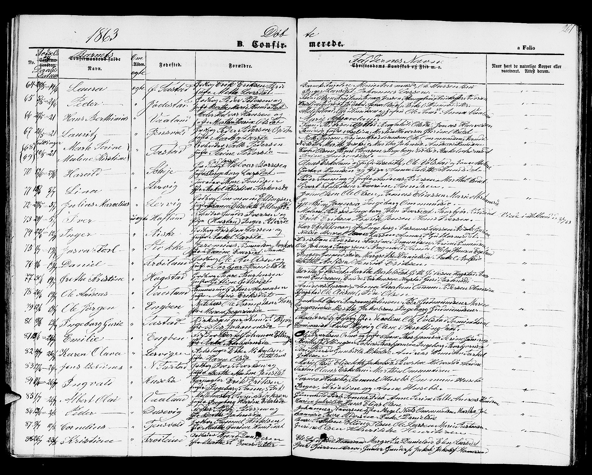 Hetland sokneprestkontor, SAST/A-101826/30/30BB/L0001: Parish register (copy) no. B 1, 1850-1868, p. 261