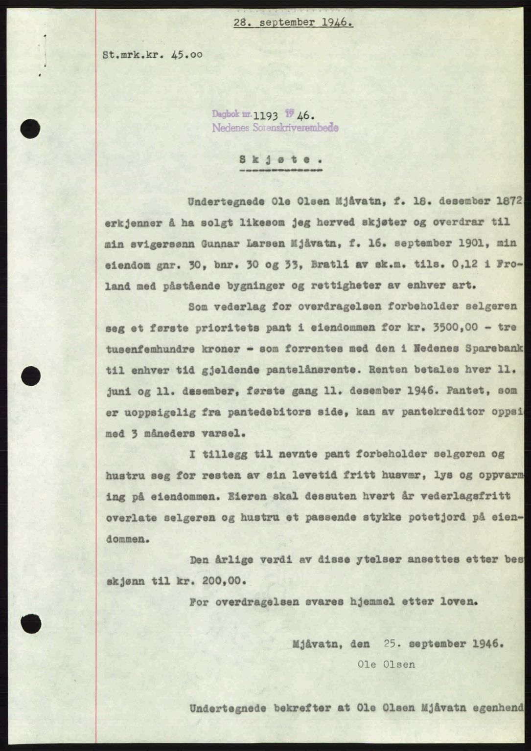 Nedenes sorenskriveri, SAK/1221-0006/G/Gb/Gba/L0056: Mortgage book no. A8, 1946-1947, Diary no: : 1193/1946
