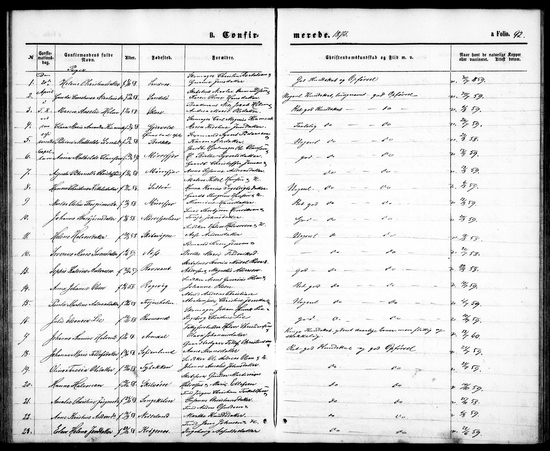 Tromøy sokneprestkontor, AV/SAK-1111-0041/F/Fb/L0004: Parish register (copy) no. B 4, 1869-1877, p. 92