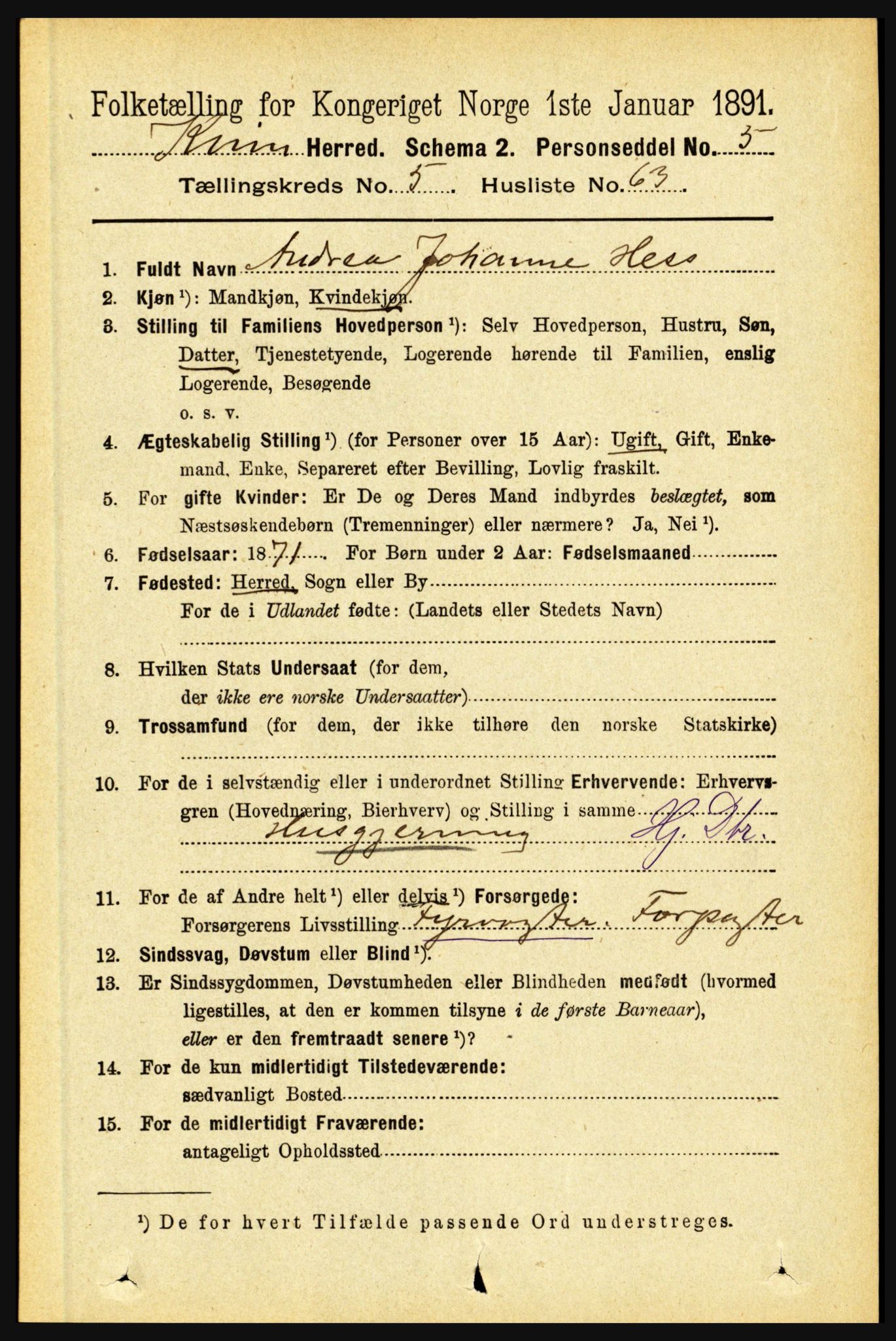 RA, 1891 census for 1437 Kinn, 1891, p. 2158