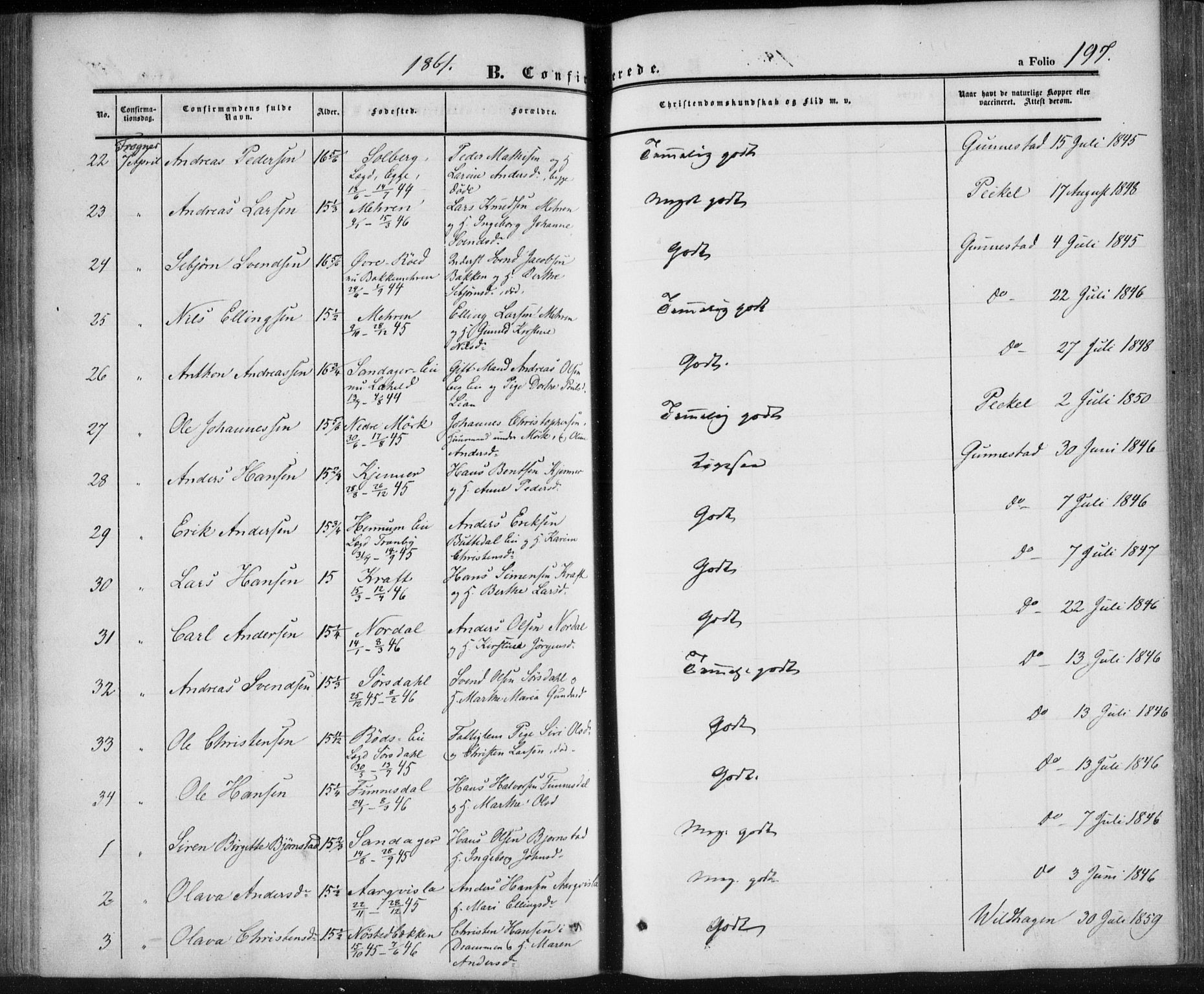 Lier kirkebøker, AV/SAKO-A-230/F/Fa/L0012: Parish register (official) no. I 12, 1854-1864, p. 197