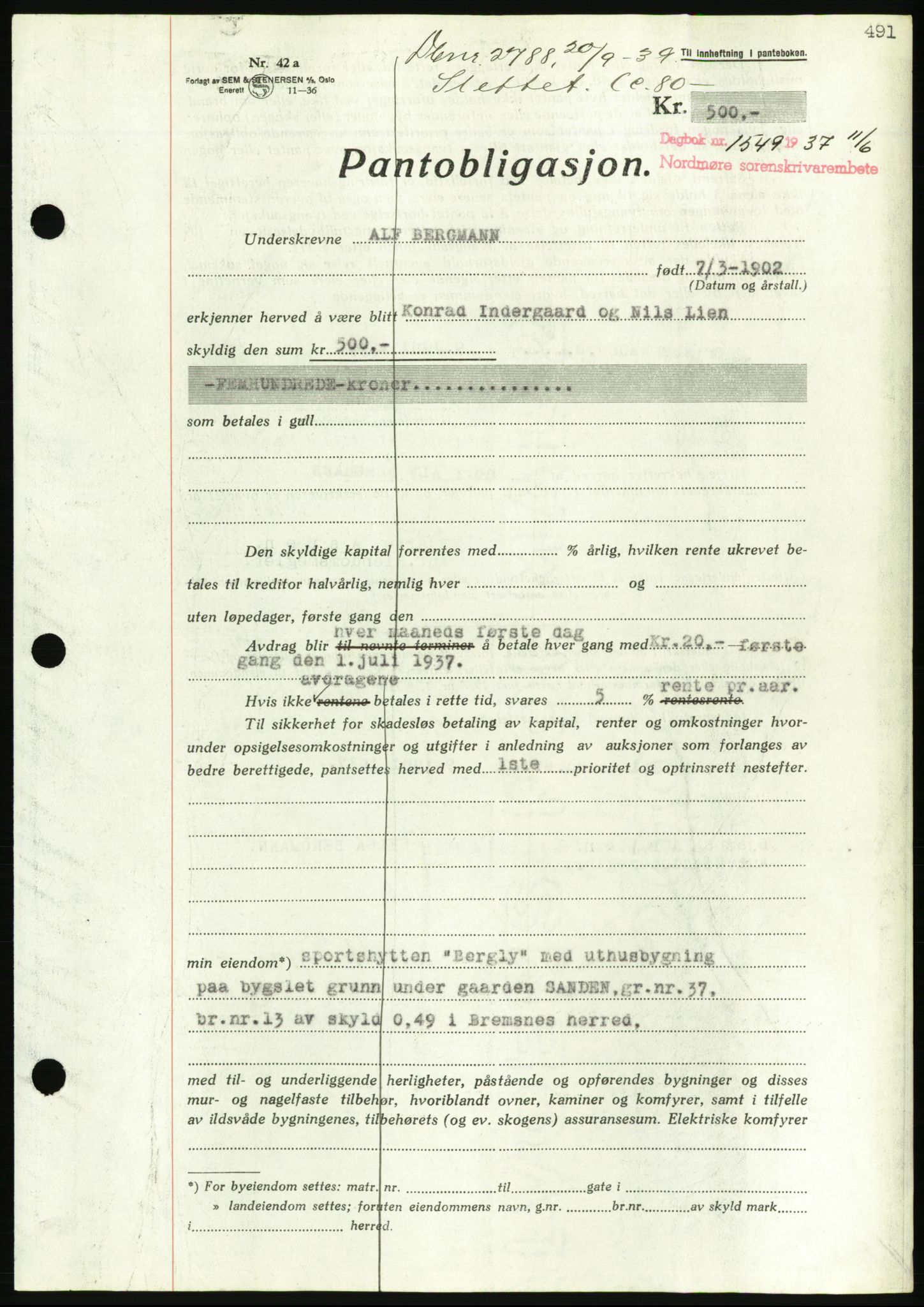 Nordmøre sorenskriveri, AV/SAT-A-4132/1/2/2Ca/L0091: Mortgage book no. B81, 1937-1937, Diary no: : 1549/1937