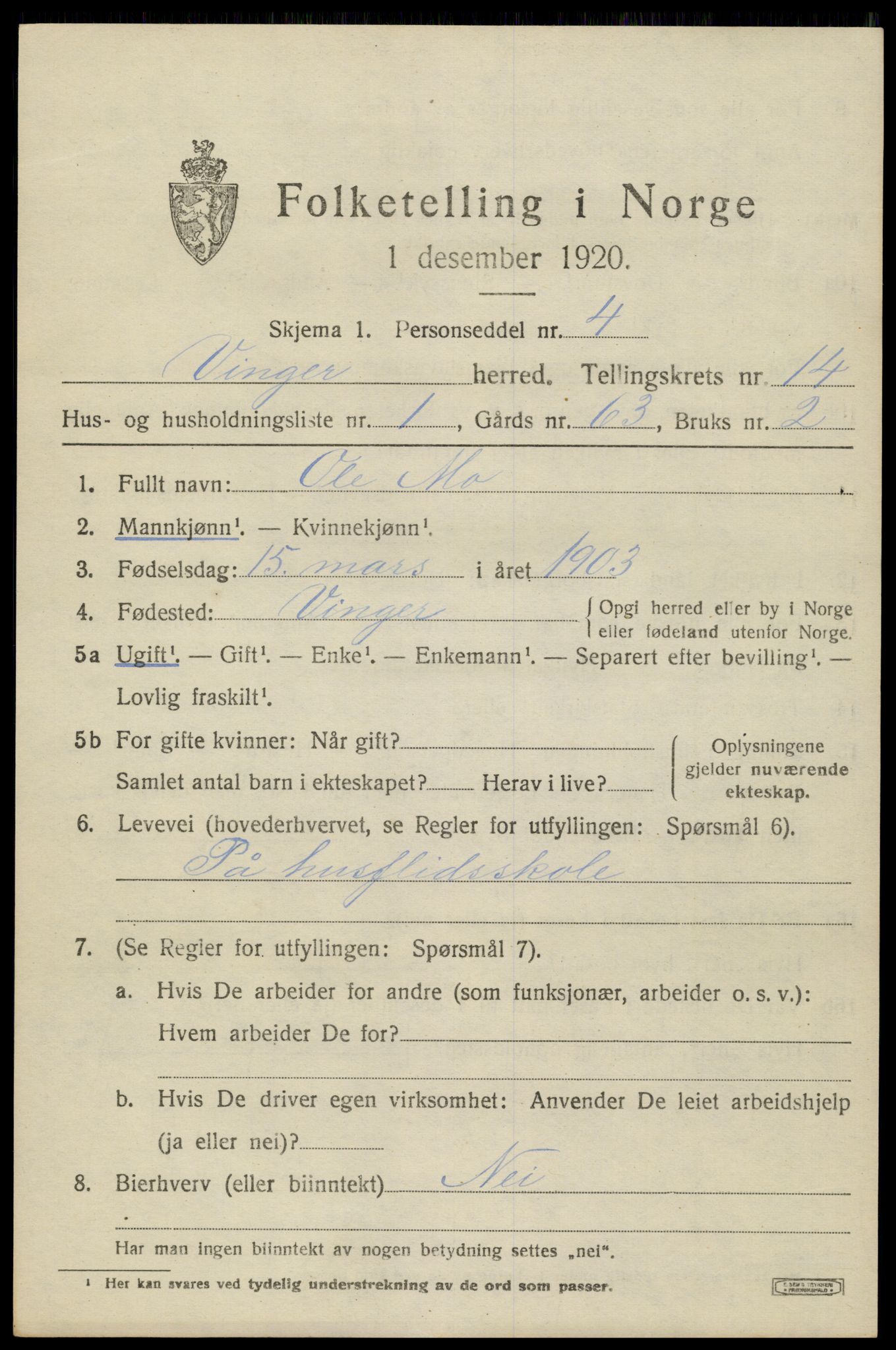 SAH, 1920 census for Vinger, 1920, p. 11408