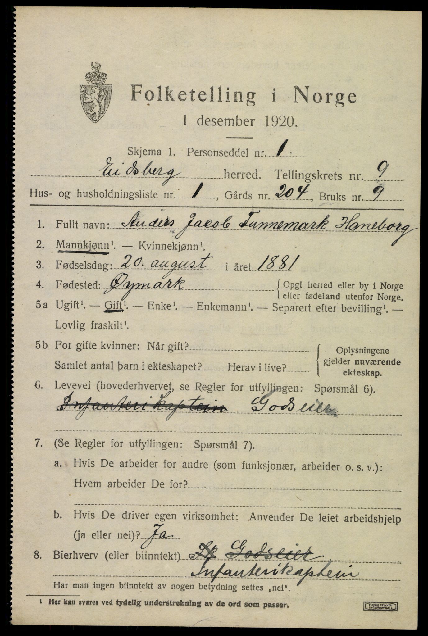 SAO, 1920 census for Eidsberg, 1920, p. 10455