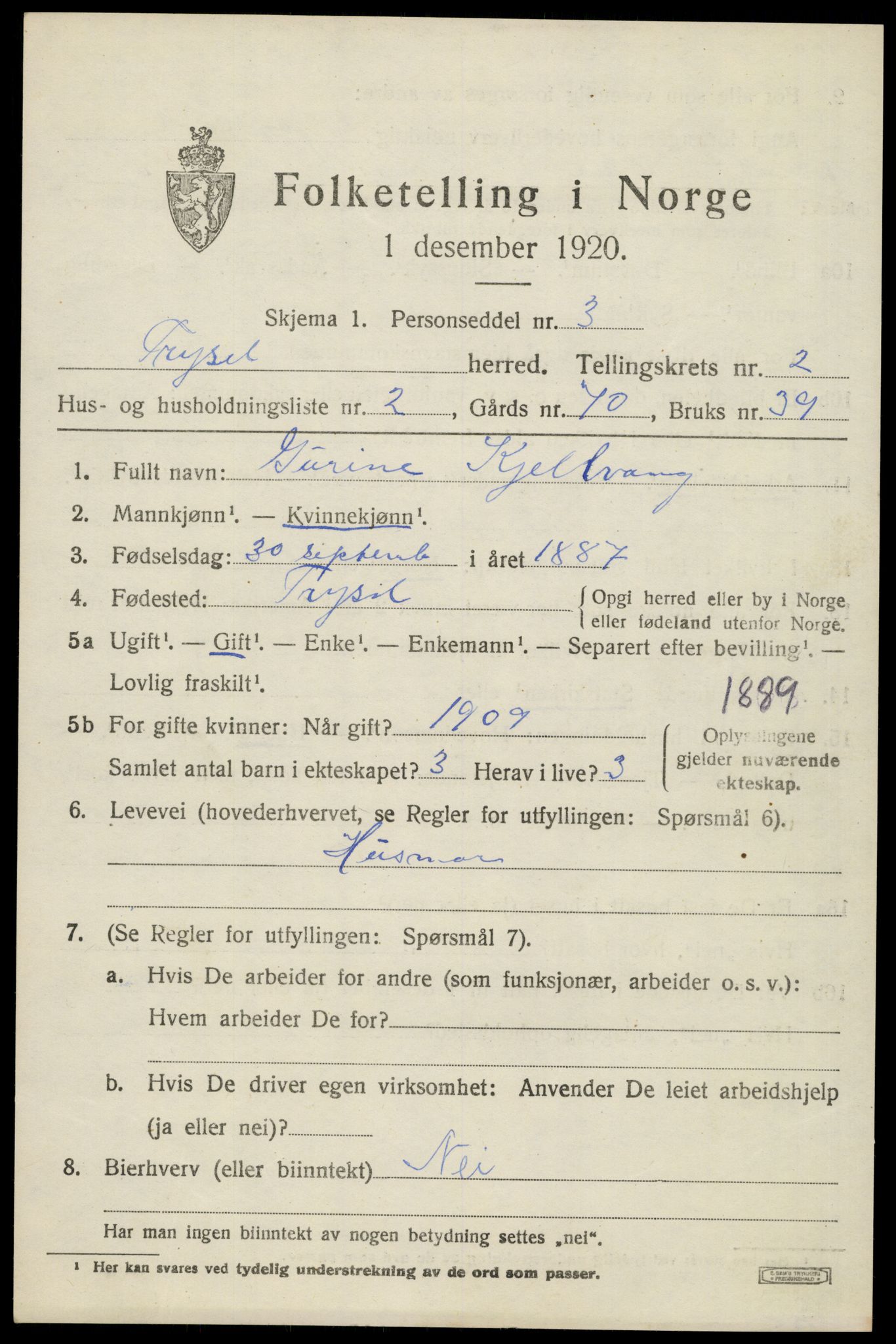 SAH, 1920 census for Trysil, 1920, p. 3103