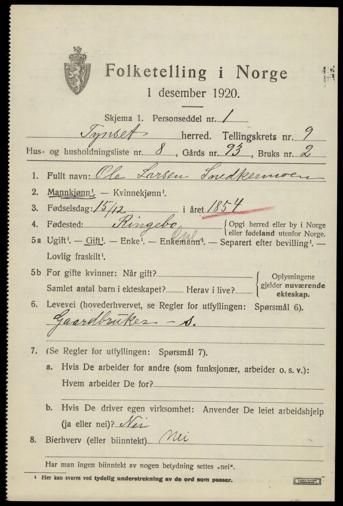 SAH, 1920 census for Tynset, 1920, p. 7224