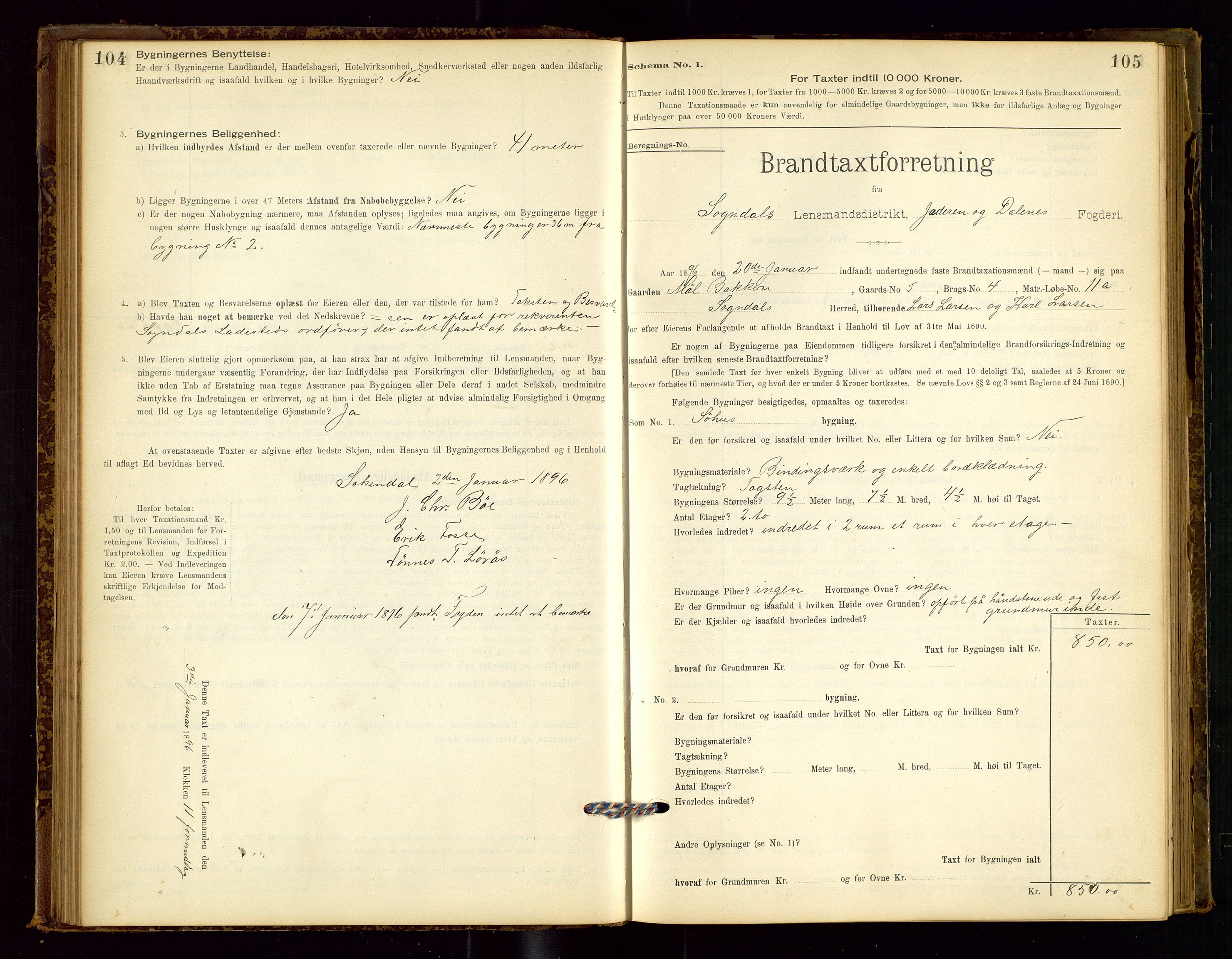 Sokndal lensmannskontor, AV/SAST-A-100417/Gob/L0001: "Brandtaxt-Protokol", 1895-1902, p. 104-105