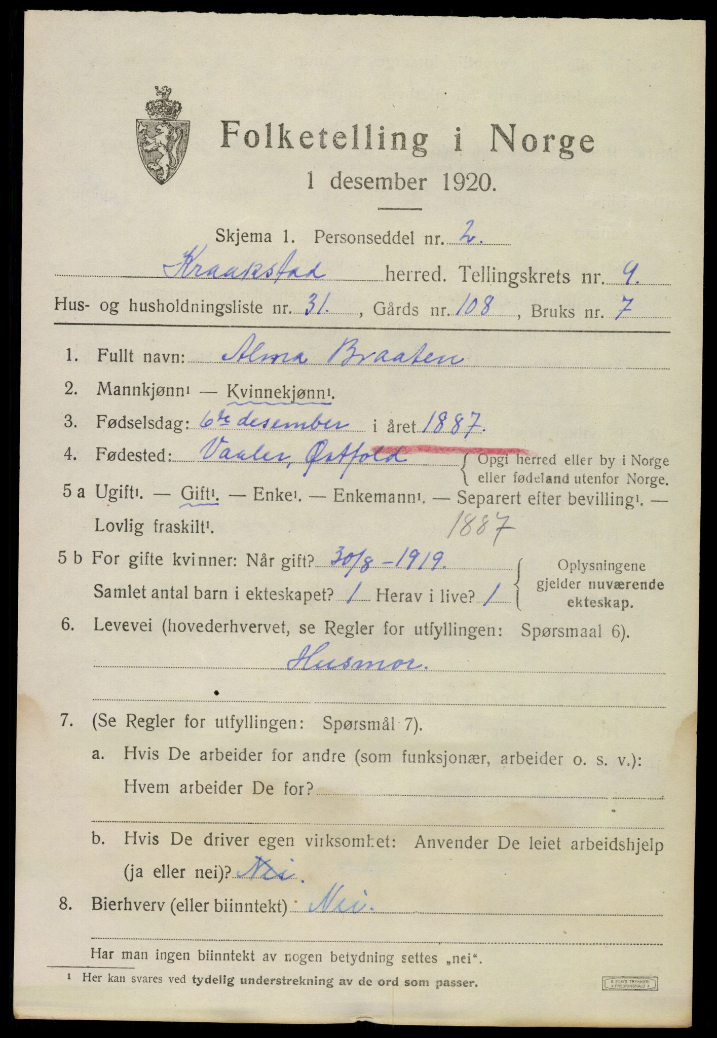 SAO, 1920 census for Kråkstad, 1920, p. 9971