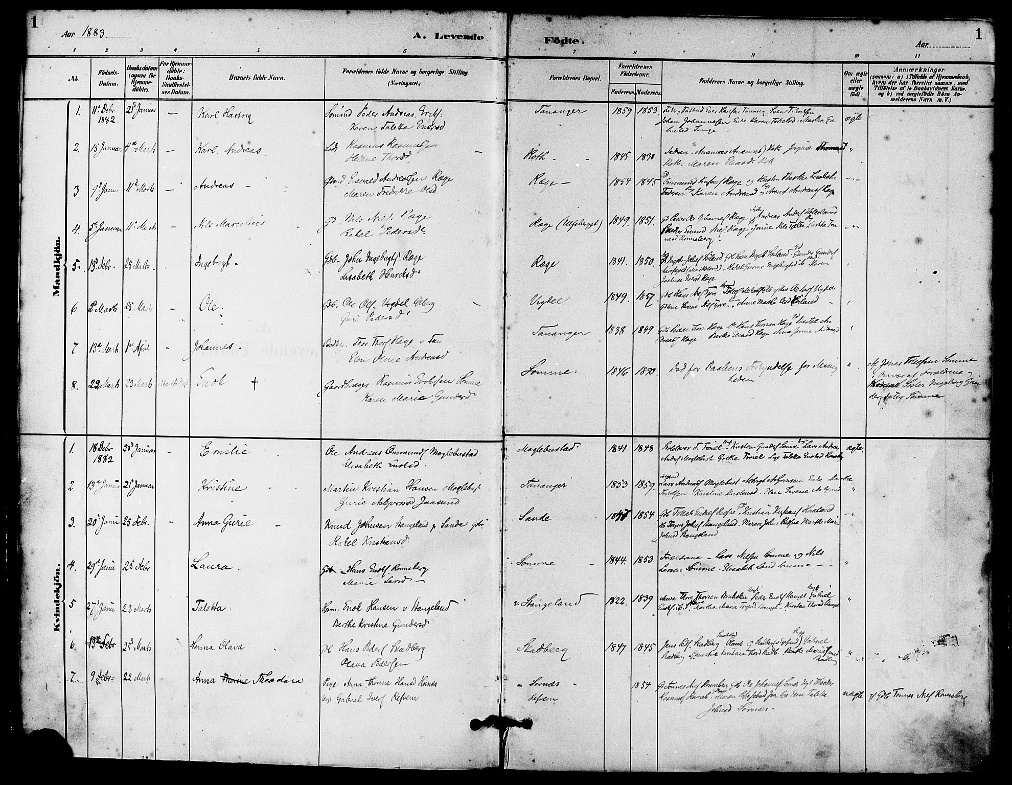 Håland sokneprestkontor, AV/SAST-A-101802/001/30BA/L0010: Parish register (official) no. A 9, 1883-1888, p. 1