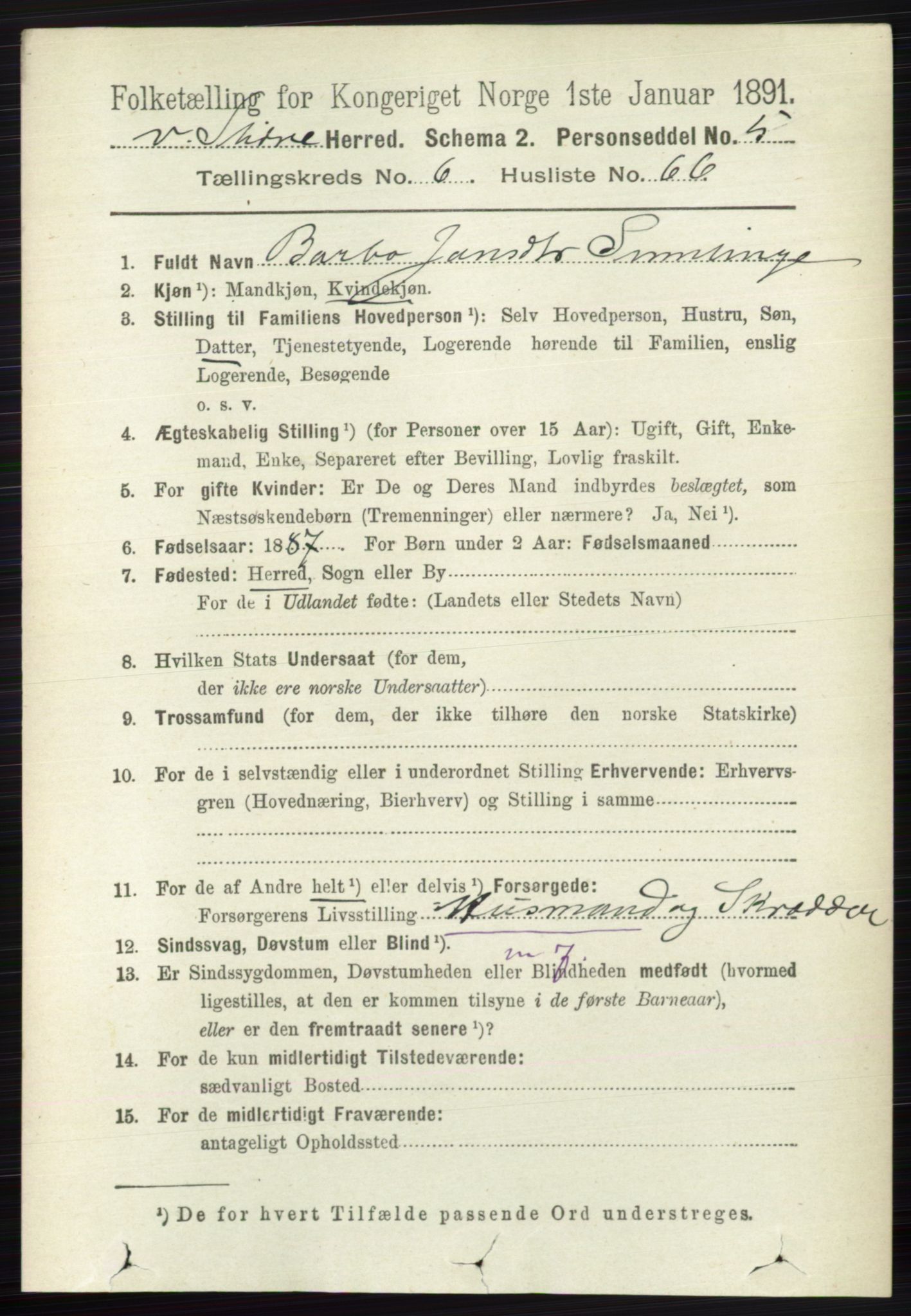 RA, 1891 census for 0543 Vestre Slidre, 1891, p. 2469