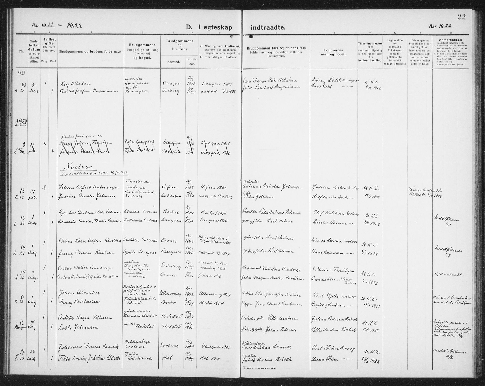 Ministerialprotokoller, klokkerbøker og fødselsregistre - Nordland, AV/SAT-A-1459/874/L1082: Parish register (copy) no. 874C11, 1920-1939, p. 22