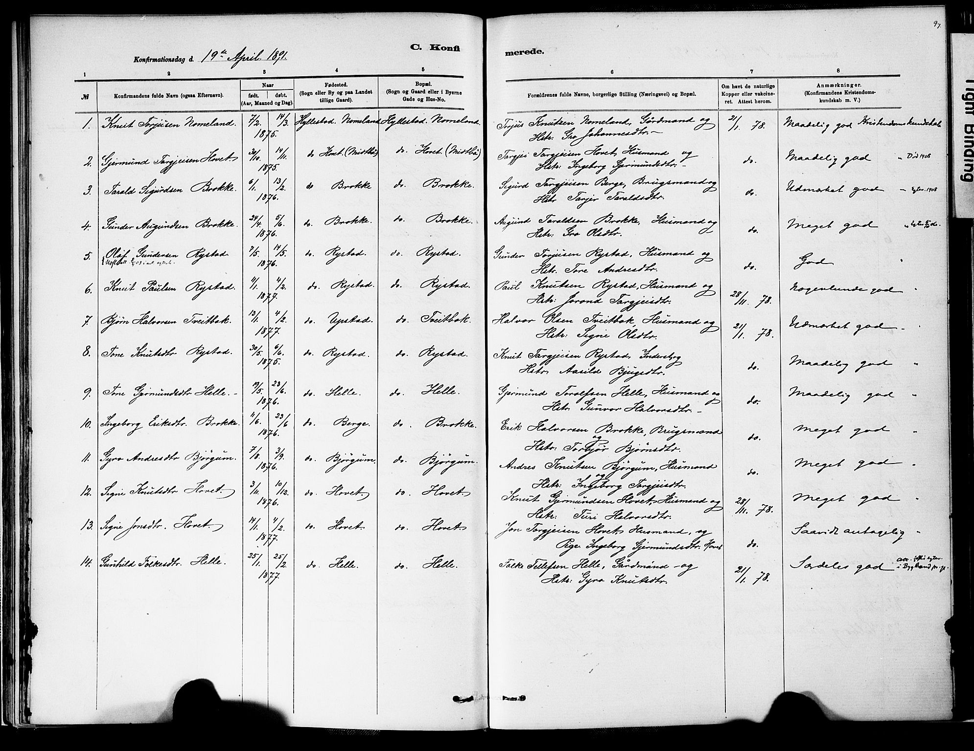 Valle sokneprestkontor, SAK/1111-0044/F/Fa/Fab/L0001: Parish register (official) no. A 1, 1882-1910, p. 97