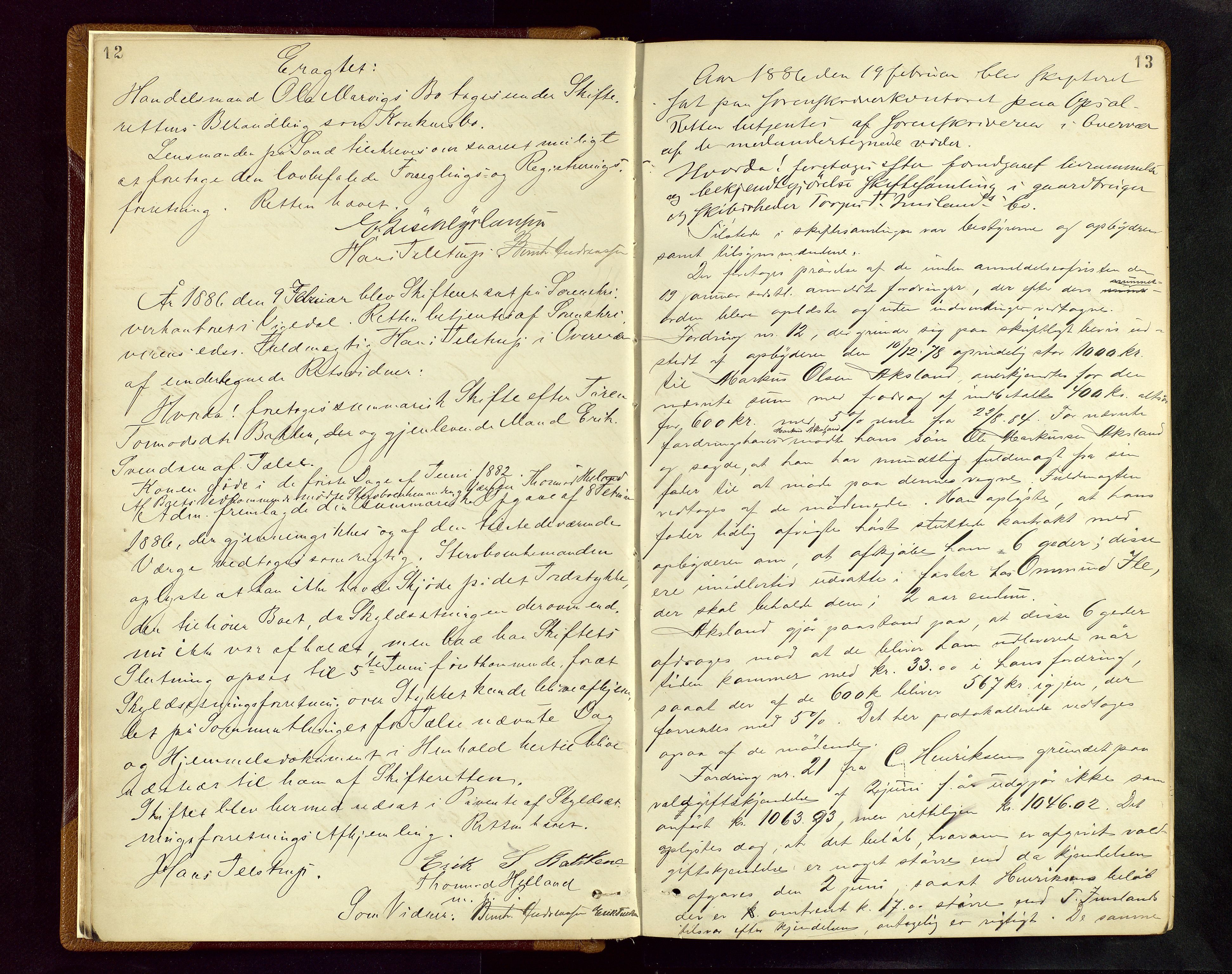 Ryfylke tingrett, AV/SAST-A-100055/001/IV/IVF/L0005: Skifteforhandlingsprotokoll A 5, 1885-1892, p. 12-13