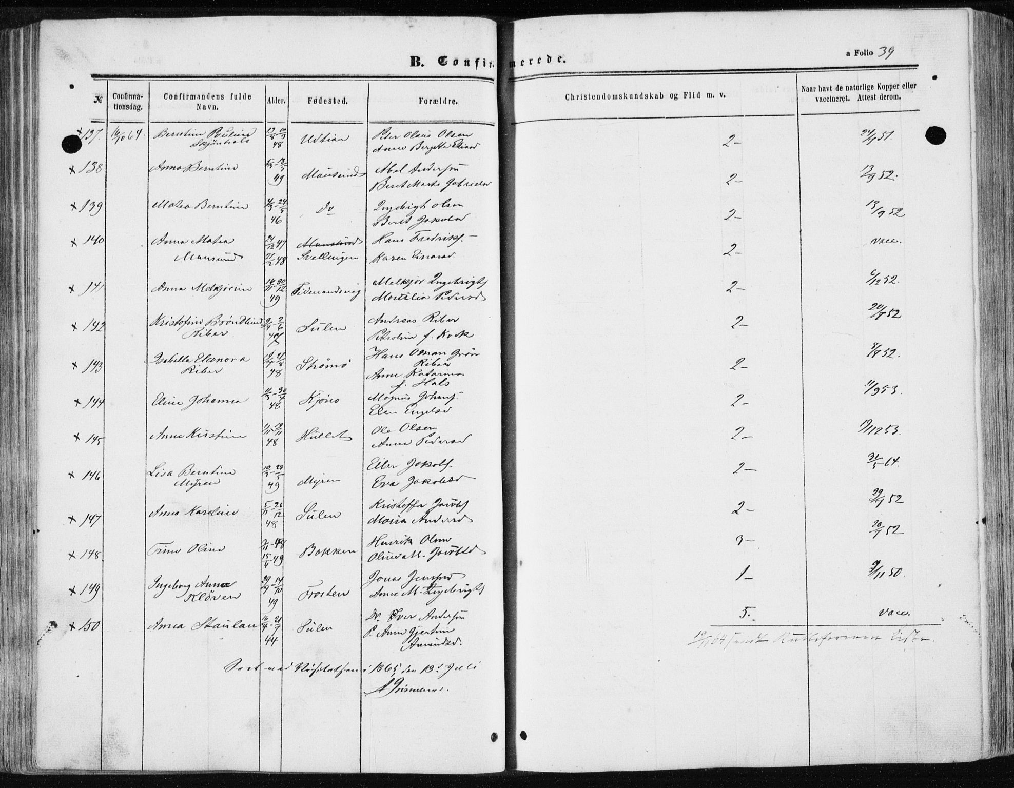 Ministerialprotokoller, klokkerbøker og fødselsregistre - Sør-Trøndelag, AV/SAT-A-1456/634/L0531: Parish register (official) no. 634A07, 1861-1870, p. 39