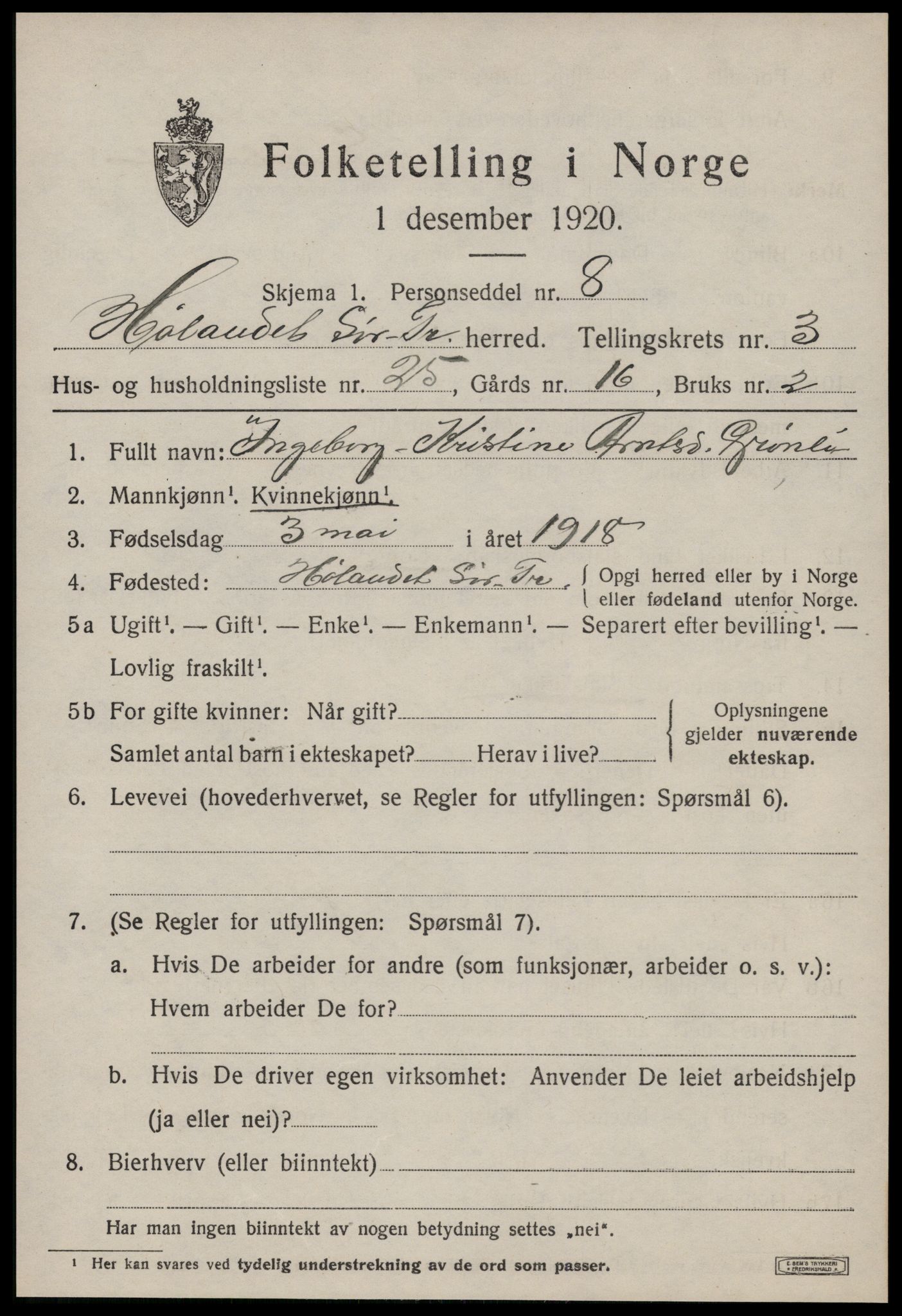 SAT, 1920 census for Hølonda, 1920, p. 1457