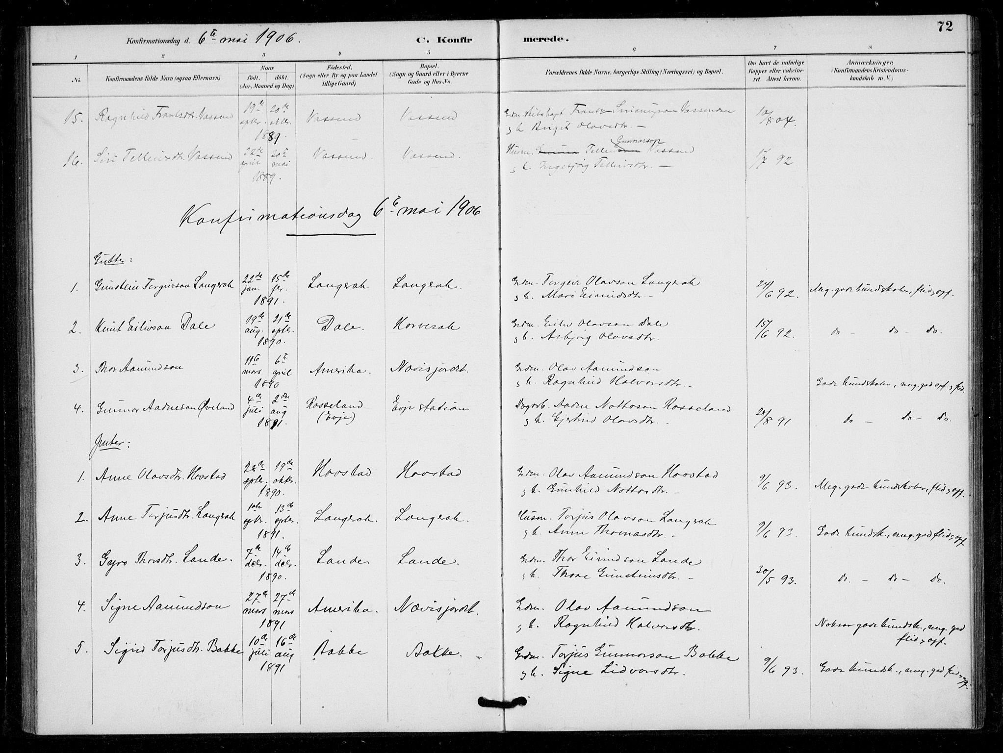 Bygland sokneprestkontor, SAK/1111-0006/F/Fa/Fad/L0001: Parish register (official) no. A 1, 1885-1906, p. 72